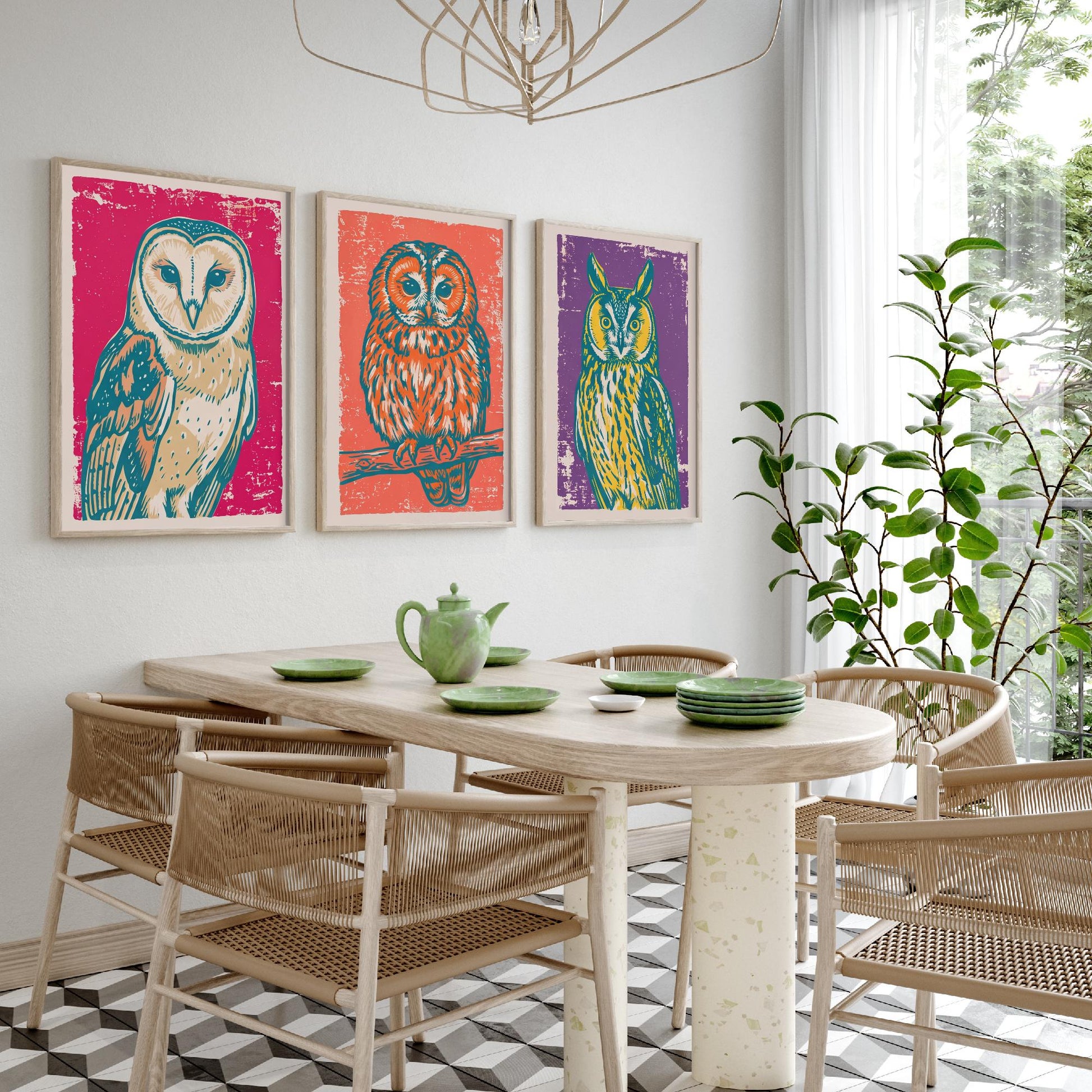 Barn Owl, Tawny Owl and Long Eared Owl - Set of Three Linocut Illustrations - Owl Art Prints - Bird Wall Posters V1