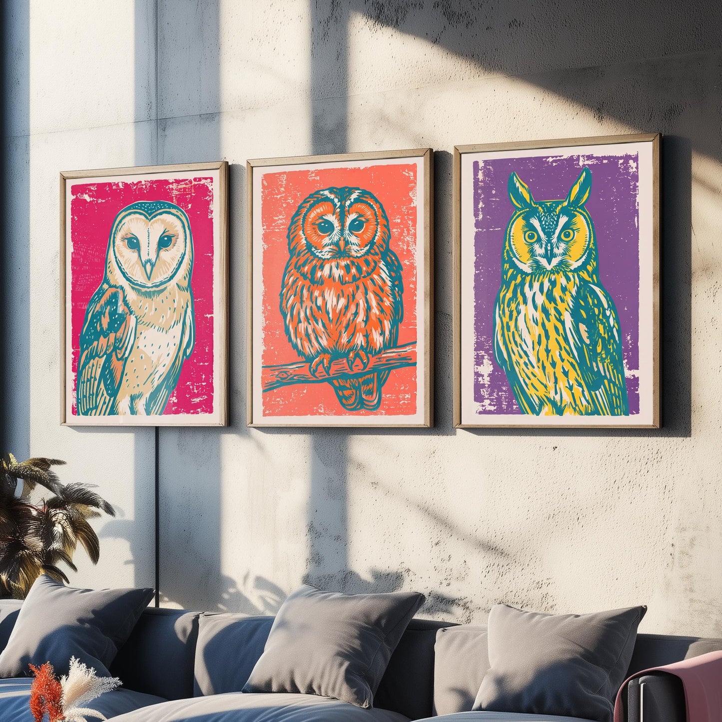 Barn Owl, Tawny Owl and Long Eared Owl - Set of Three Linocut Illustrations - Owl Art Prints - Bird Wall Posters V1