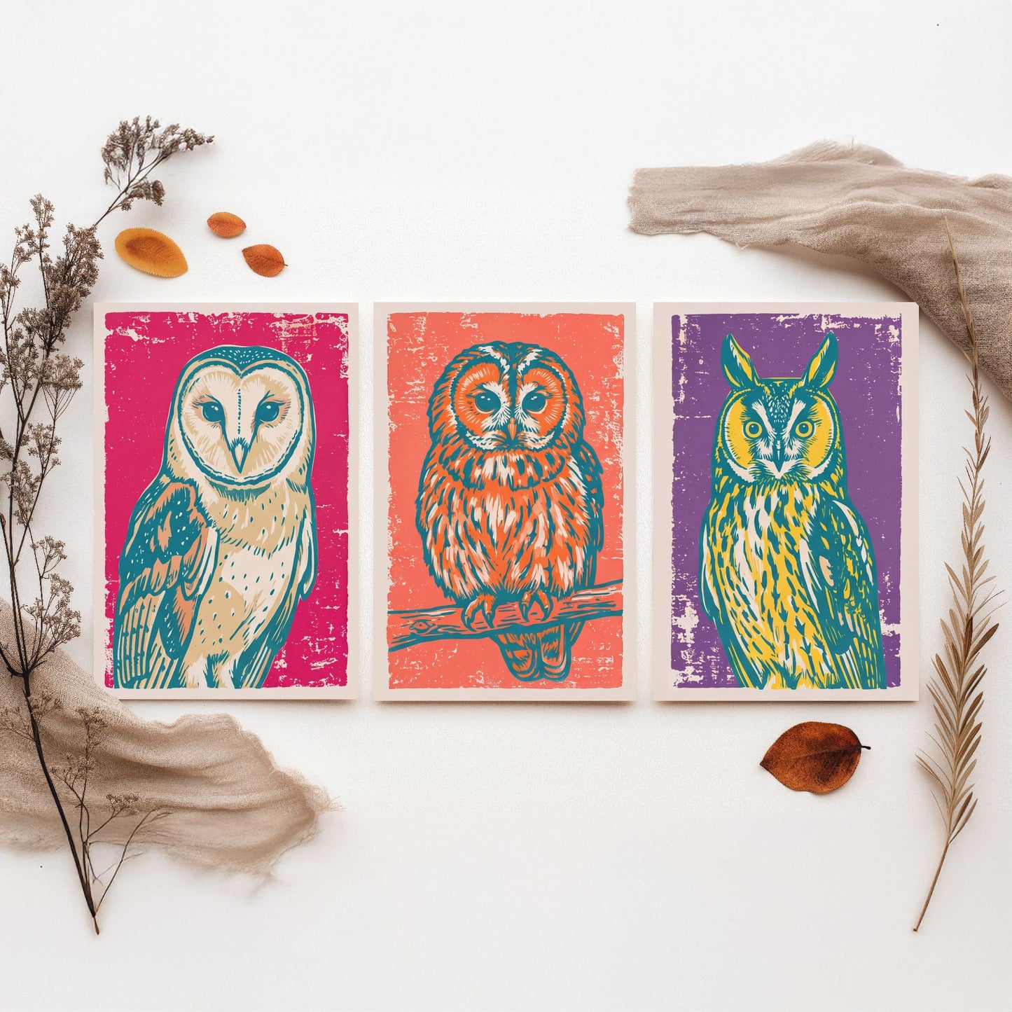 Barn Owl, Tawny Owl and Long Eared Owl - Set of Three Linocut Illustrations - Owl Art Prints - Bird Wall Posters V1