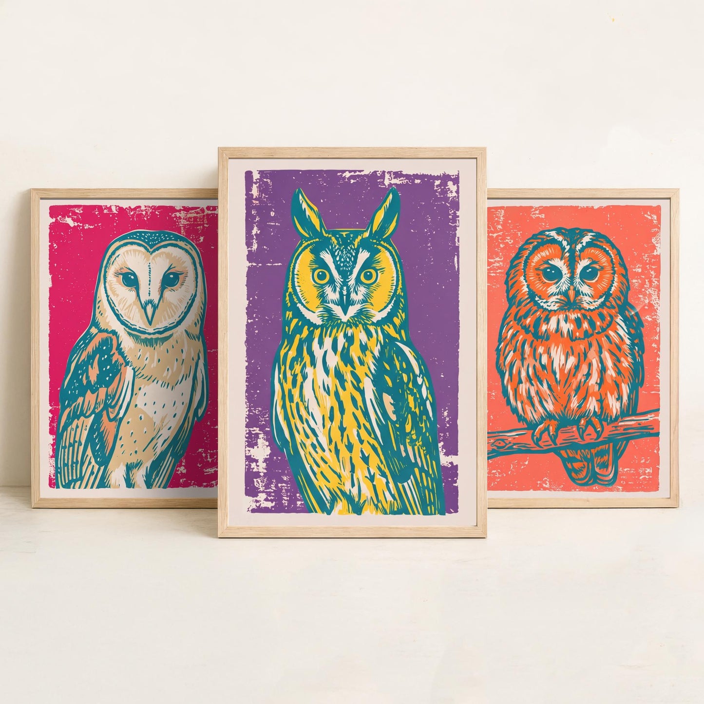 Barn Owl, Tawny Owl and Long Eared Owl - Set of Three Linocut Illustrations - Owl Art Prints - Bird Wall Posters V1