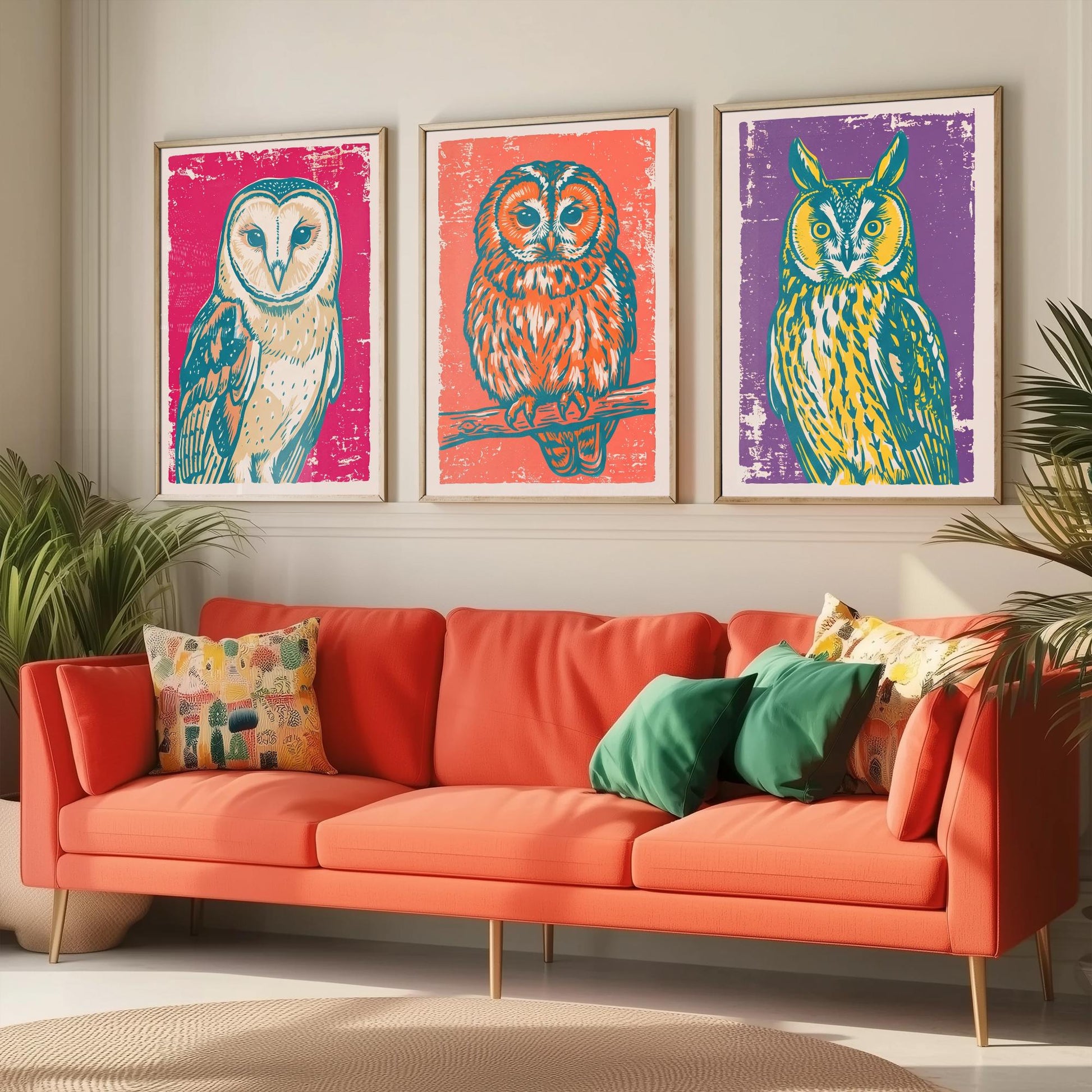 Barn Owl, Tawny Owl and Long Eared Owl - Set of Three Linocut Illustrations - Owl Art Prints - Bird Wall Posters V1