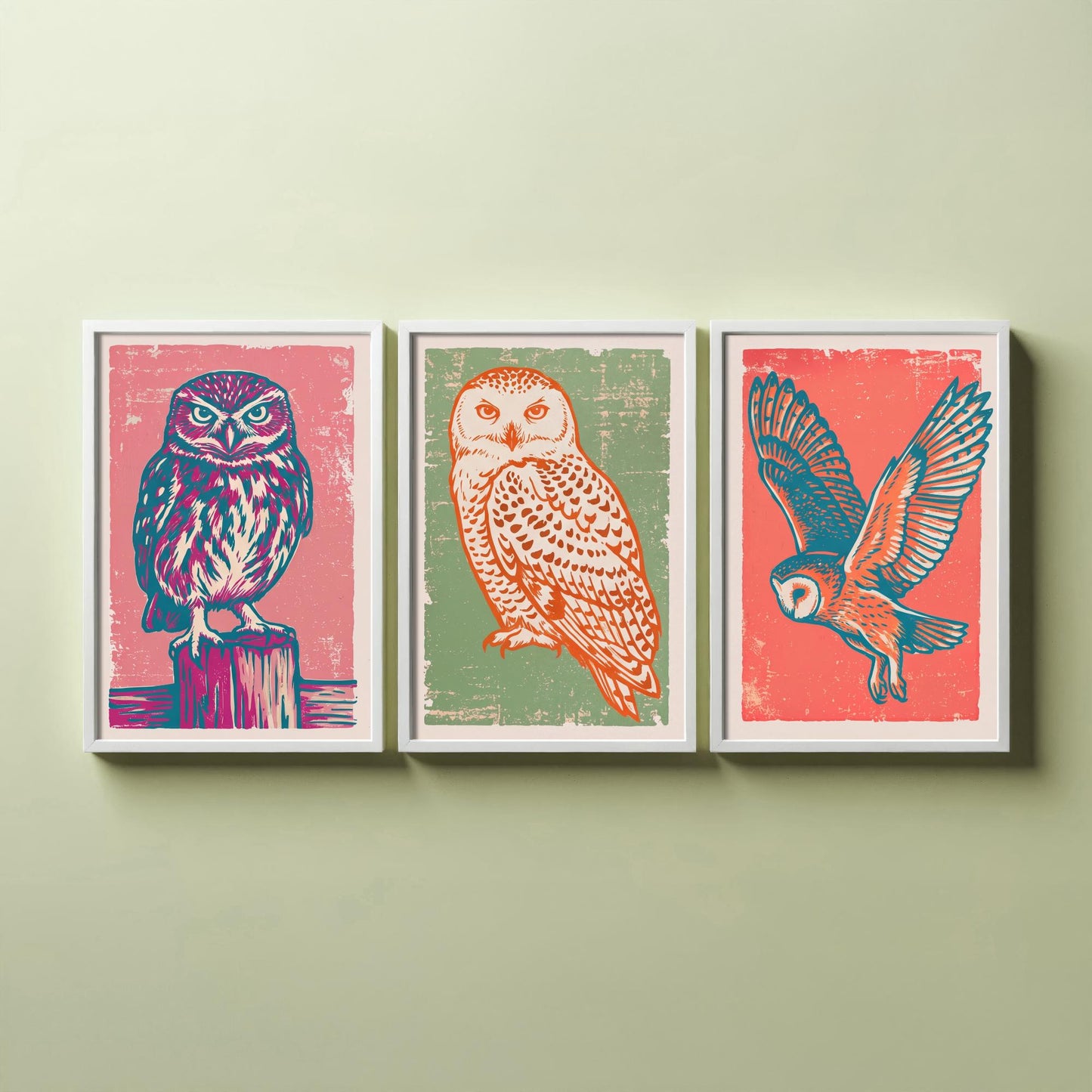 Little Owl, Snowy Owl and Owl in Flight - Set of Three Linocut Illustrations - Owl Art Prints - Woodland Bird Posters V2