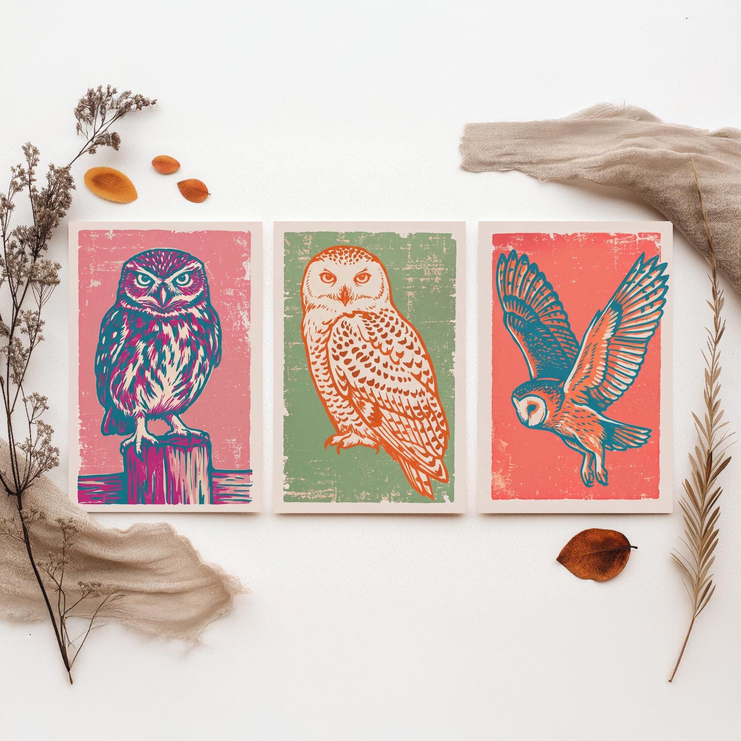 Little Owl, Snowy Owl and Owl in Flight - Set of Three Linocut Illustrations - Owl Art Prints - Woodland Bird Posters V2