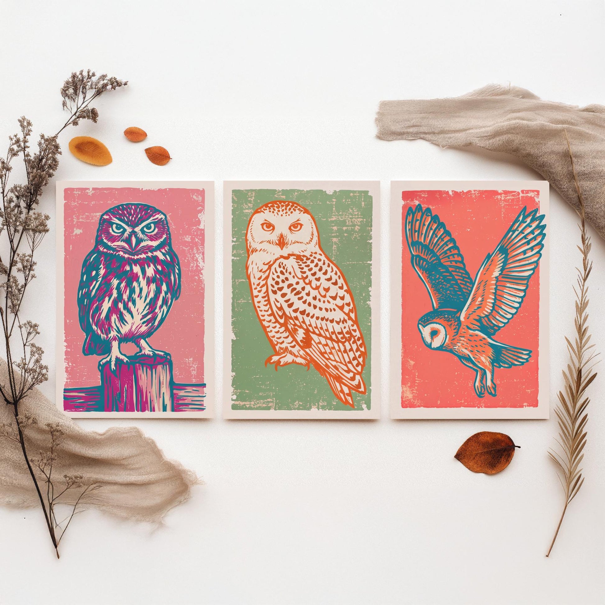 Little Owl, Snowy Owl and Owl in Flight - Set of Three Linocut Illustrations - Owl Art Prints - Woodland Bird Posters V2