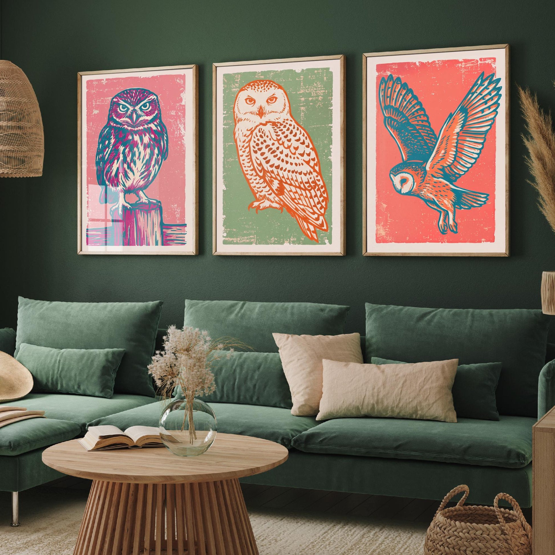 Little Owl, Snowy Owl and Owl in Flight - Set of Three Linocut Illustrations - Owl Art Prints - Woodland Bird Posters V2
