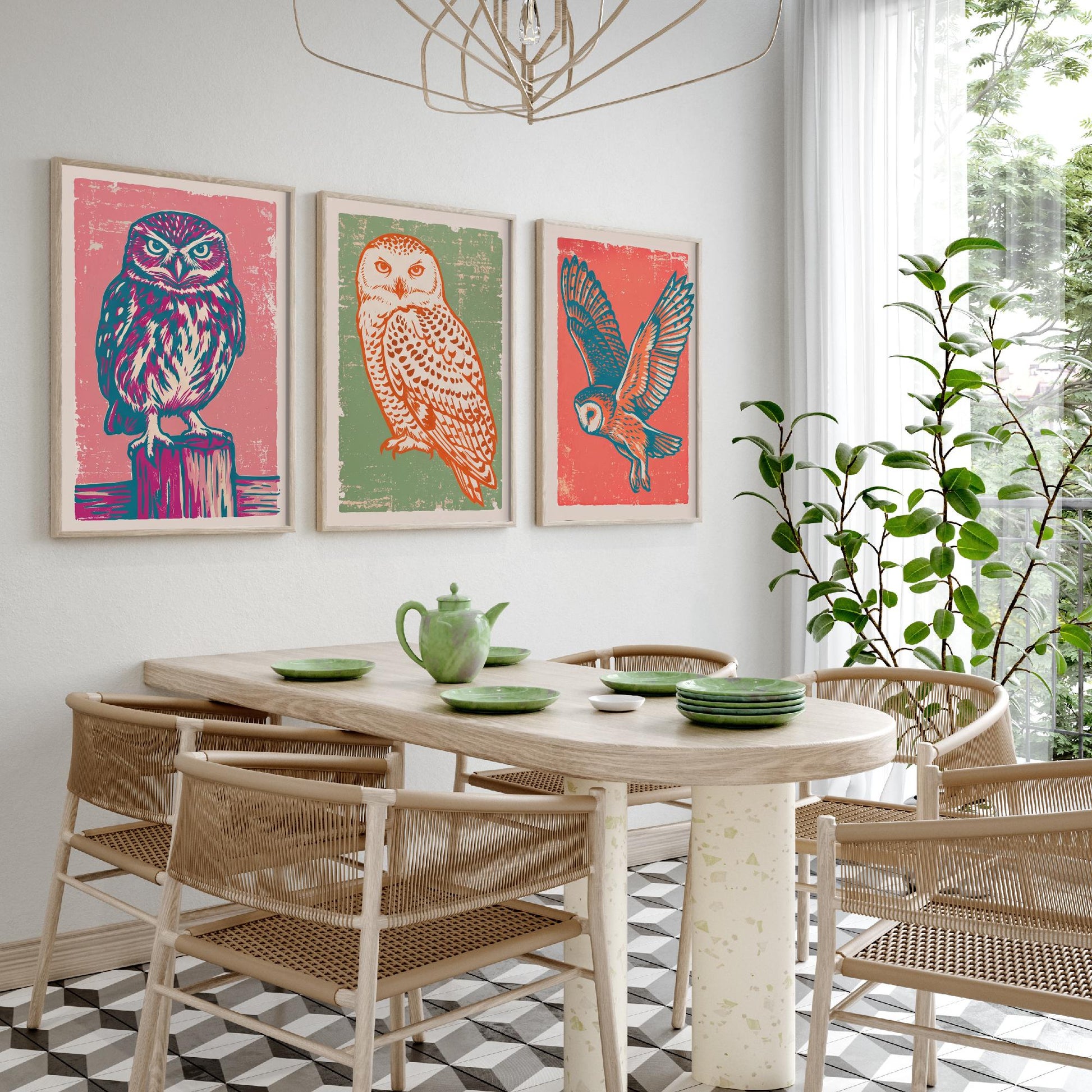 Little Owl, Snowy Owl and Owl in Flight - Set of Three Linocut Illustrations - Owl Art Prints - Woodland Bird Posters V2