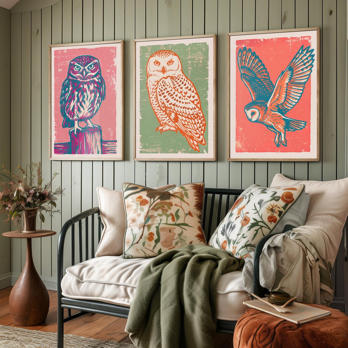 Little Owl, Snowy Owl and Owl in Flight - Set of Three Linocut Illustrations - Owl Art Prints - Woodland Bird Posters V2
