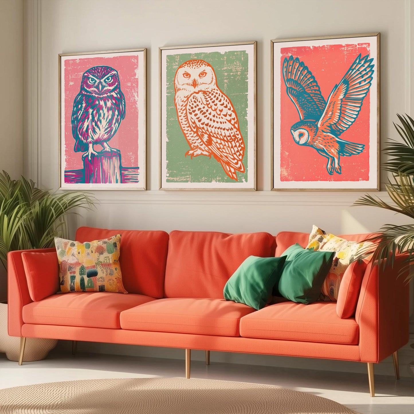 Little Owl, Snowy Owl and Owl in Flight - Set of Three Linocut Illustrations - Owl Art Prints - Woodland Bird Posters V2