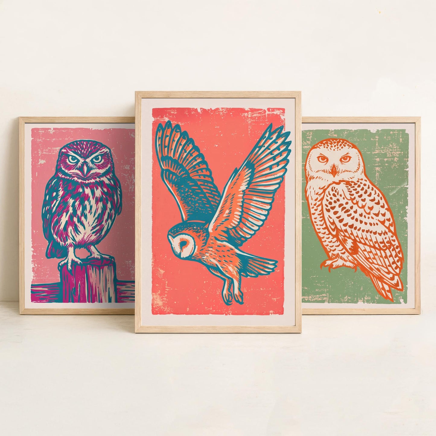 Little Owl, Snowy Owl and Owl in Flight - Set of Three Linocut Illustrations - Owl Art Prints - Woodland Bird Posters V2
