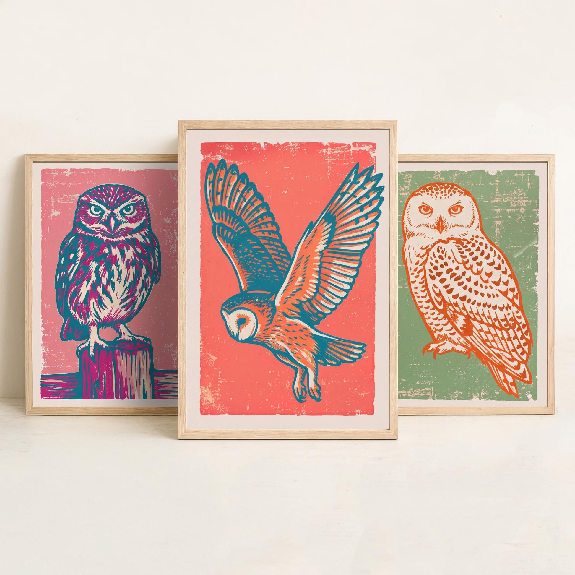 Little Owl, Snowy Owl and Owl in Flight - Set of Three Linocut Illustrations - Owl Art Prints - Woodland Bird Posters V2