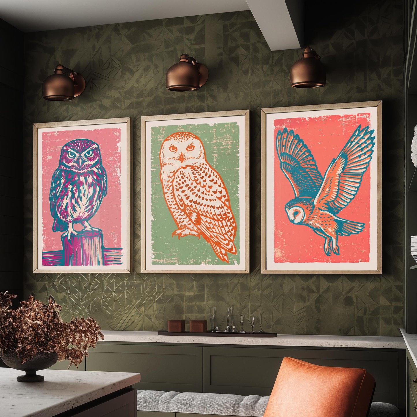 Little Owl, Snowy Owl and Owl in Flight - Set of Three Linocut Illustrations - Owl Art Prints - Woodland Bird Posters V2