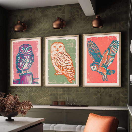 Little Owl, Snowy Owl and Owl in Flight - Set of Three Linocut Illustrations - Owl Art Prints - Woodland Bird Posters V2