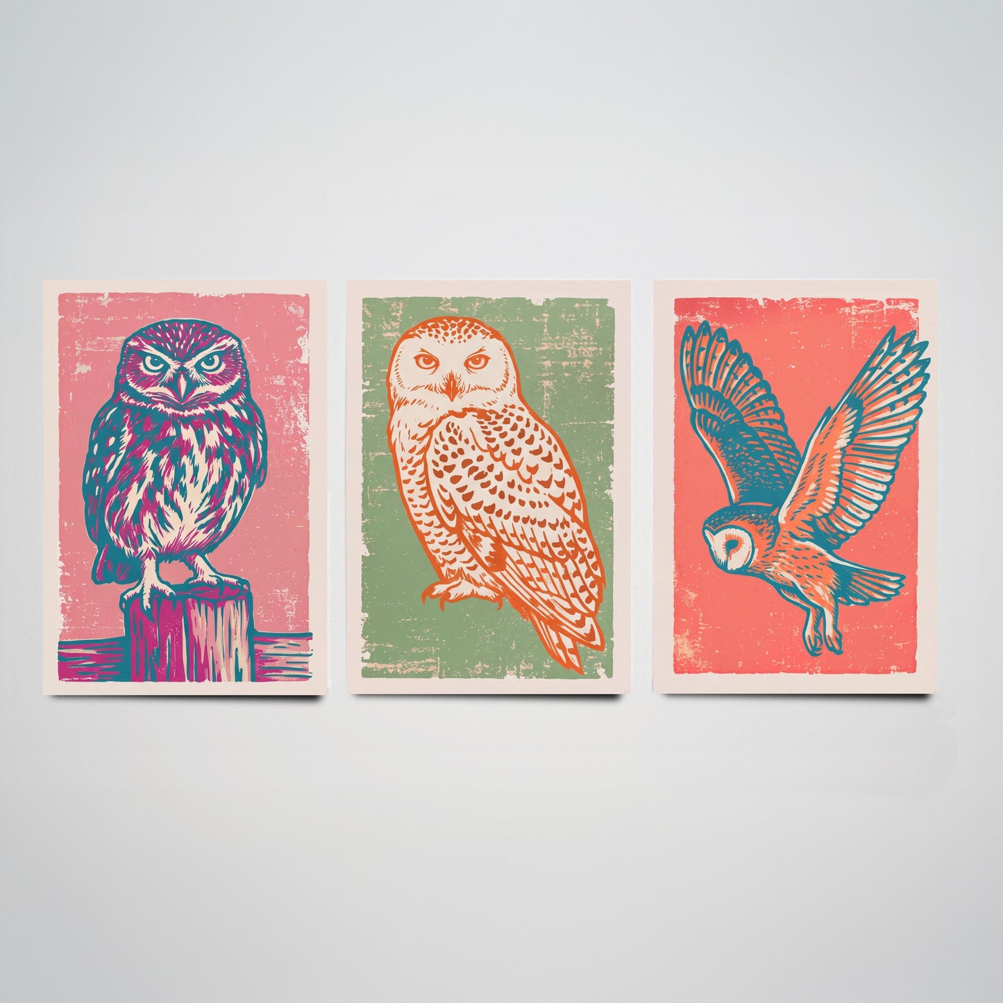 Little Owl, Snowy Owl and Owl in Flight - Set of Three Linocut Illustrations - Owl Art Prints - Woodland Bird Posters V2
