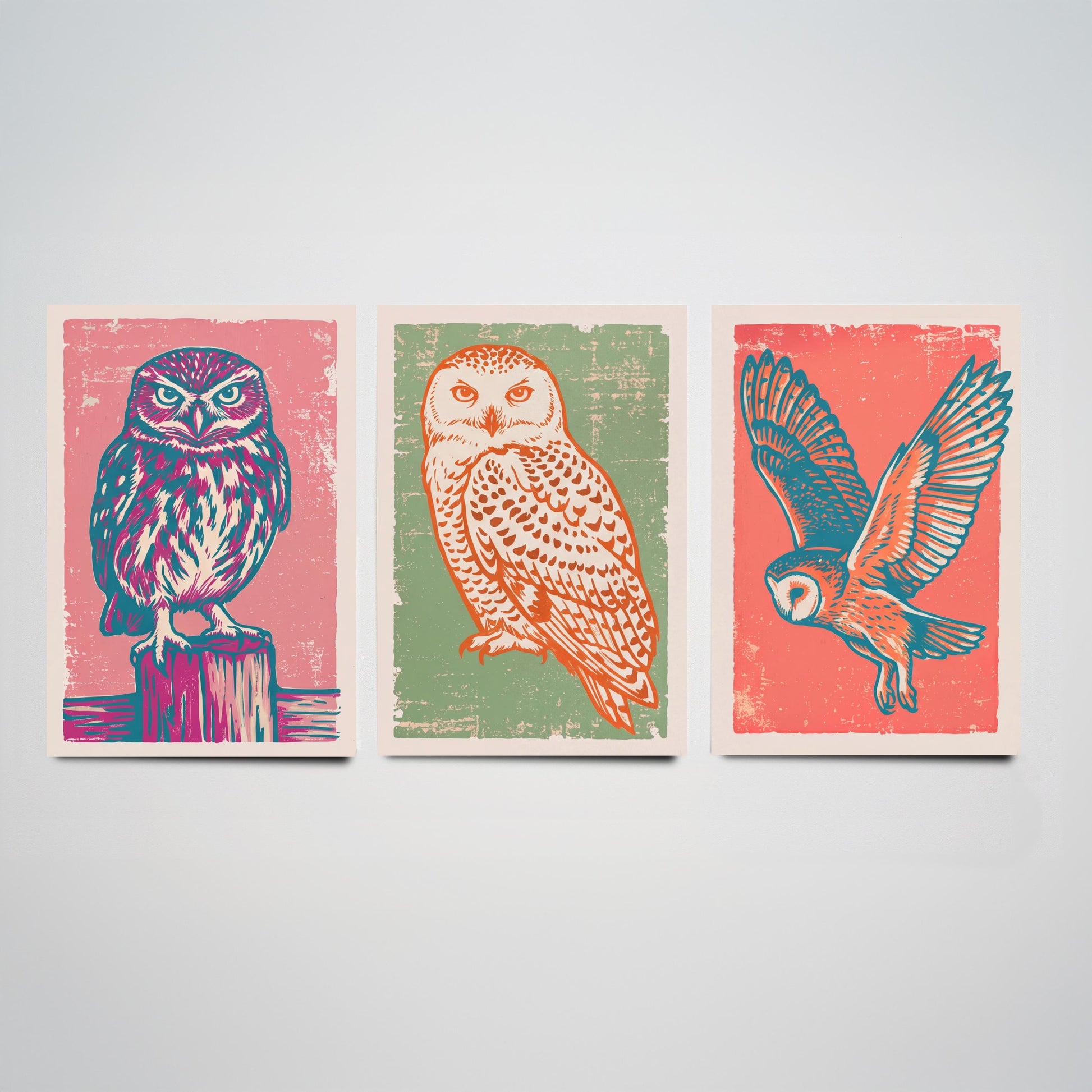 Little Owl, Snowy Owl and Owl in Flight - Set of Three Linocut Illustrations - Owl Art Prints - Woodland Bird Posters V2