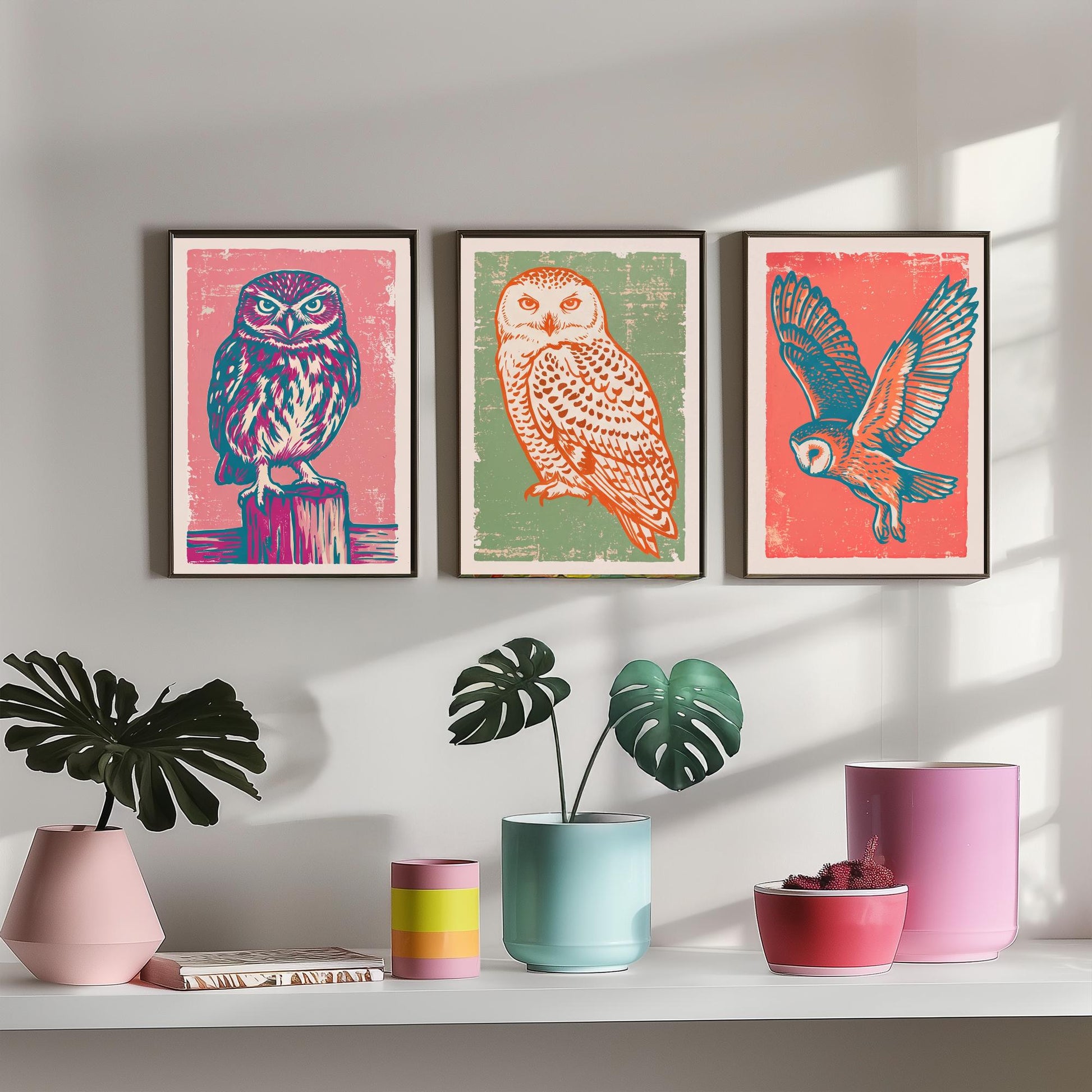 Little Owl, Snowy Owl and Owl in Flight - Set of Three Linocut Illustrations - Owl Art Prints - Woodland Bird Posters V2