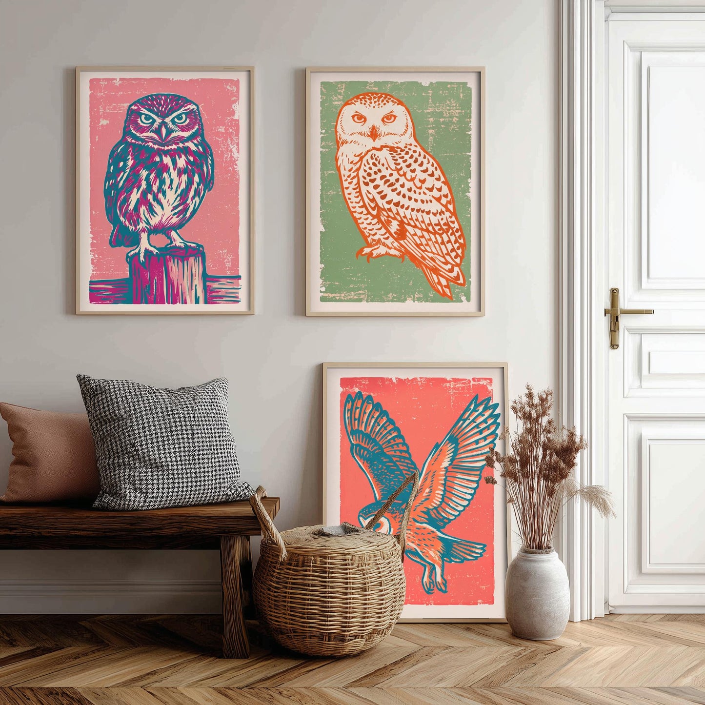 Little Owl, Snowy Owl and Owl in Flight - Set of Three Linocut Illustrations - Owl Art Prints - Woodland Bird Posters V2