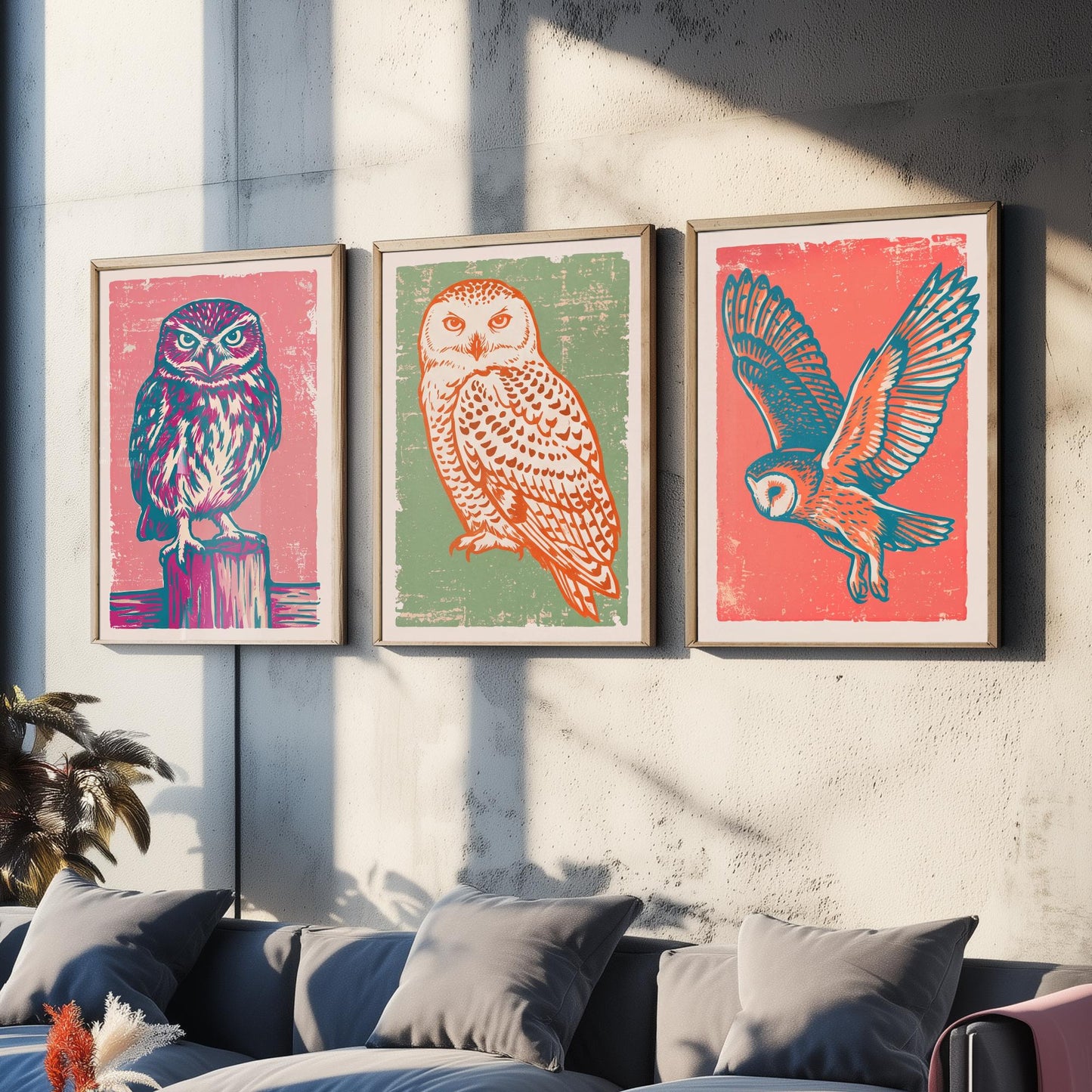 Little Owl, Snowy Owl and Owl in Flight - Set of Three Linocut Illustrations - Owl Art Prints - Woodland Bird Posters V2