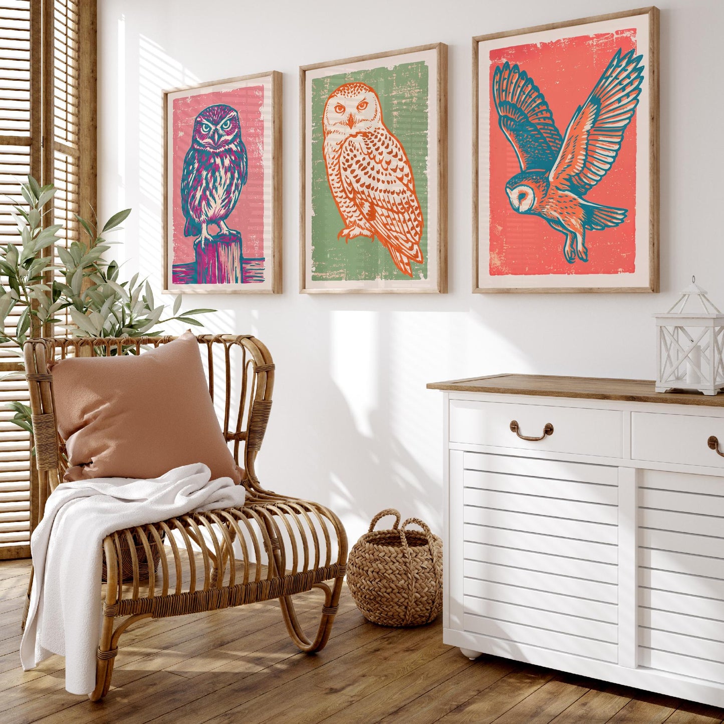 Little Owl, Snowy Owl and Owl in Flight - Set of Three Linocut Illustrations - Owl Art Prints - Woodland Bird Posters V2