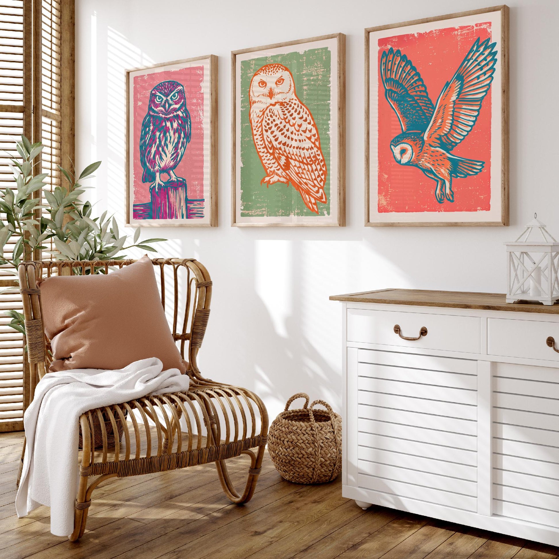 Little Owl, Snowy Owl and Owl in Flight - Set of Three Linocut Illustrations - Owl Art Prints - Woodland Bird Posters V2