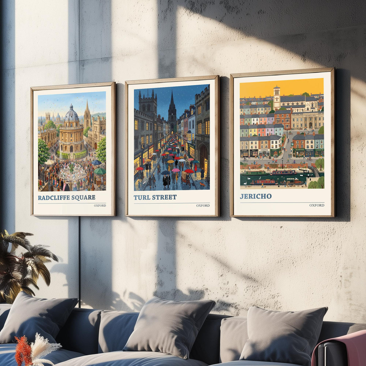 Oxford Set of Three Art Prints - Radcliffe Square, Turl Street, Jericho - 3 Colourful Folk Illustration Travel Posters - Oxford Painting