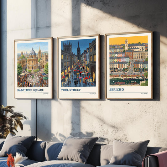 Oxford Set of Three Art Prints - Radcliffe Square, Turl Street, Jericho - 3 Colourful Folk Illustration Travel Posters - Oxford Painting
