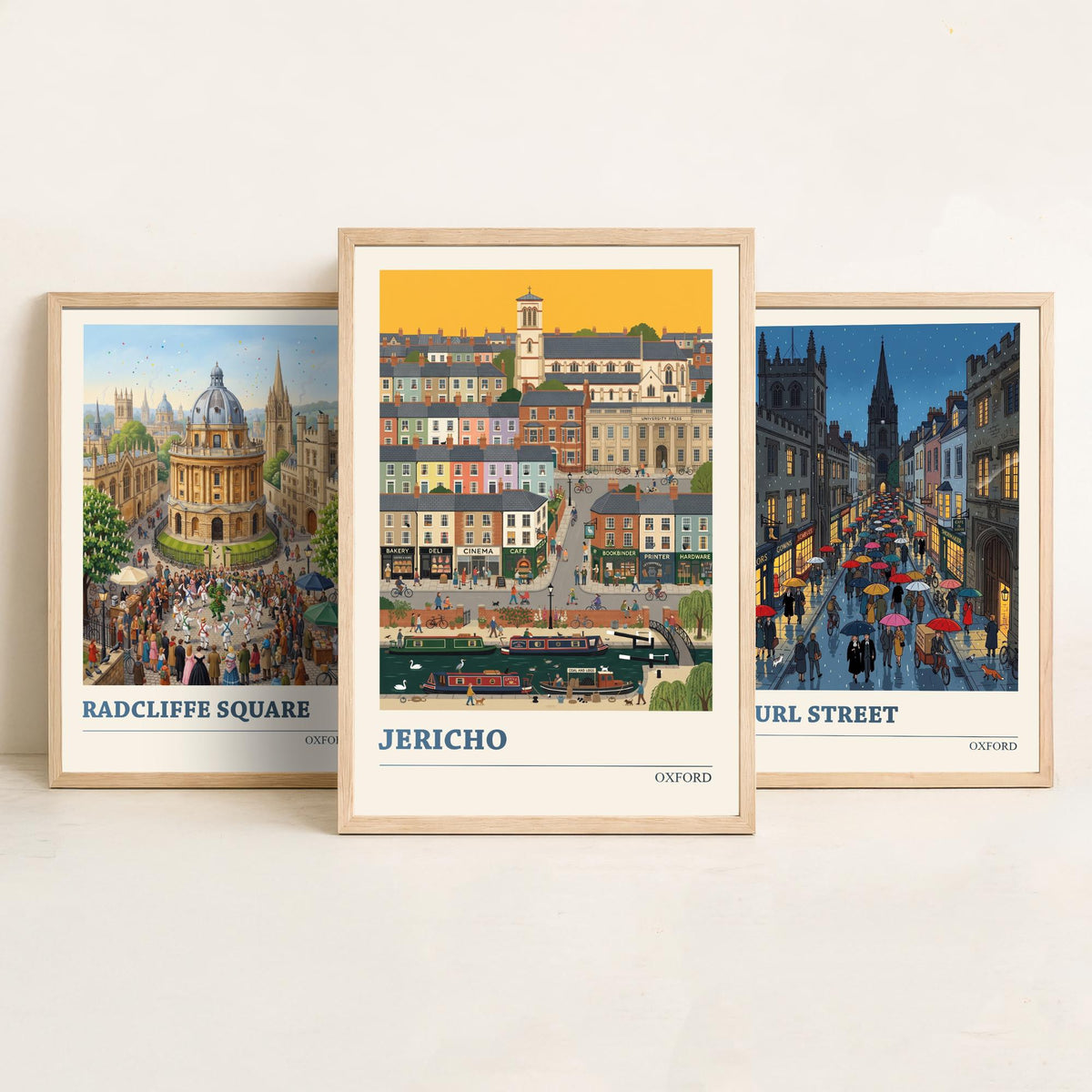 Oxford Set of Three Art Prints - Radcliffe Square, Turl Street, Jericho - 3 Colourful Folk Illustration Travel Posters - Oxford Painting