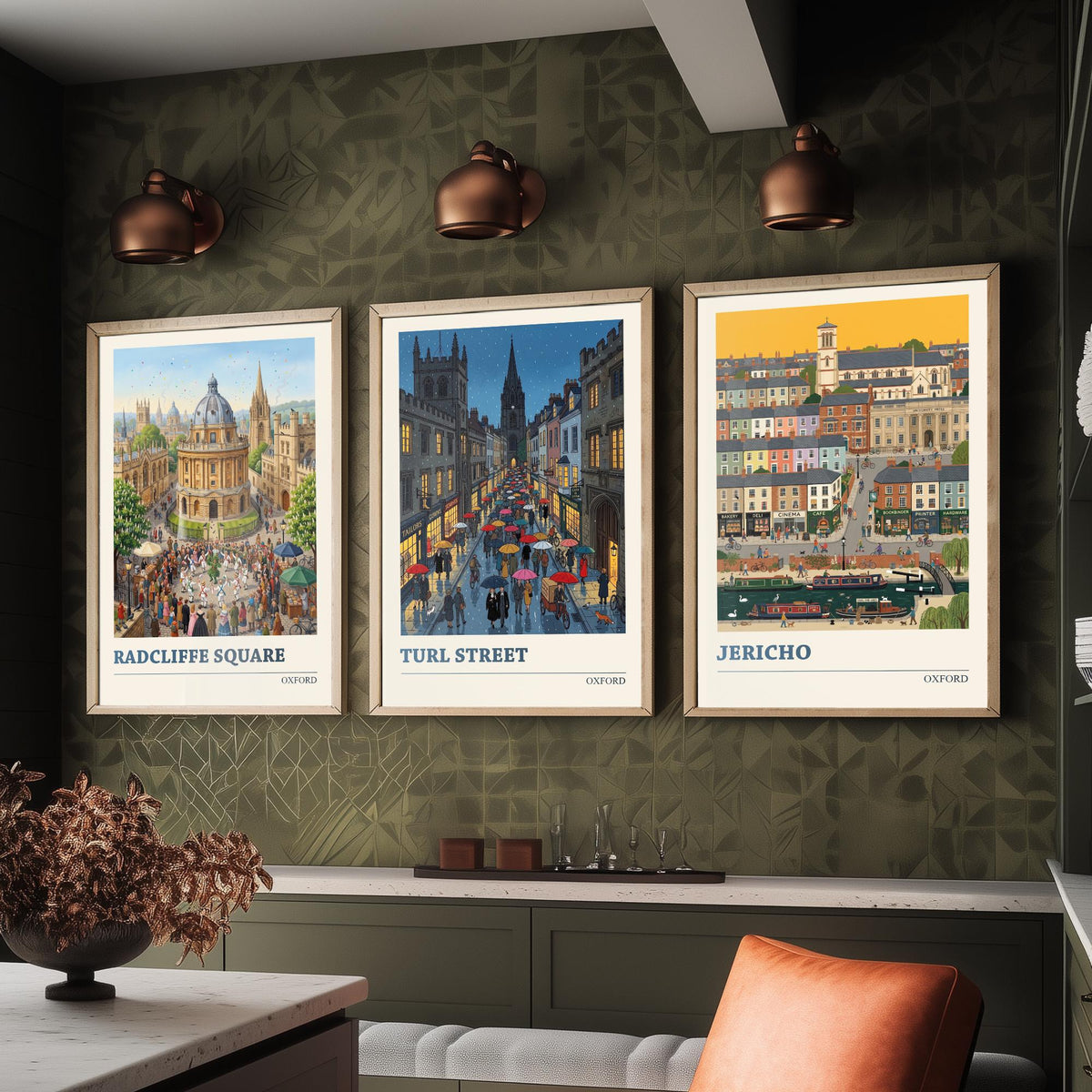 Oxford Set of Three Art Prints - Radcliffe Square, Turl Street, Jericho - 3 Colourful Folk Illustration Travel Posters - Oxford Painting