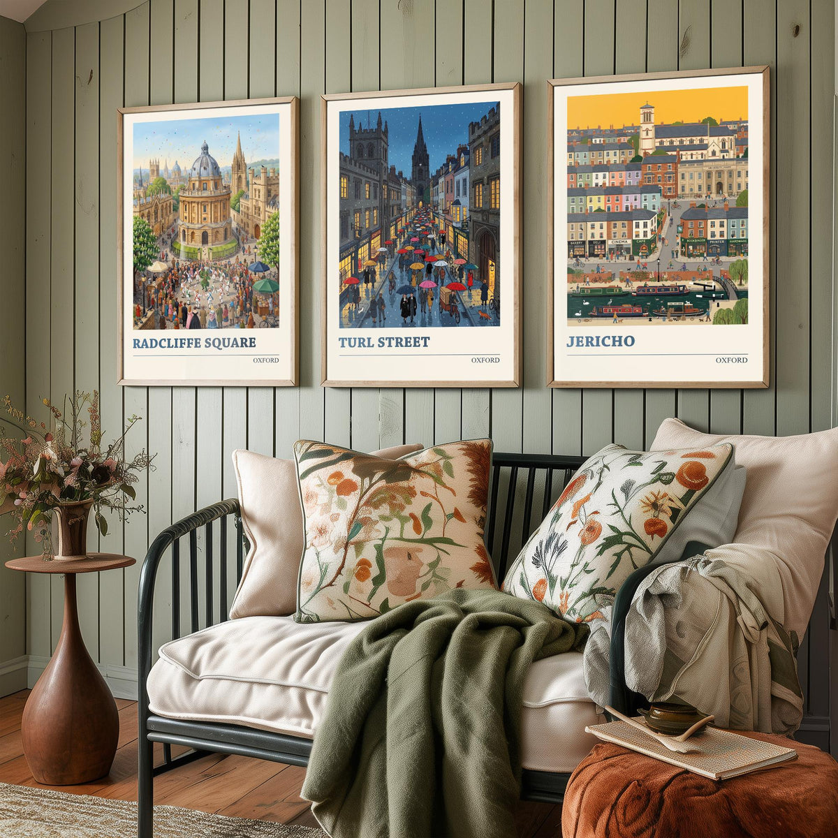 Oxford Set of Three Art Prints - Radcliffe Square, Turl Street, Jericho - 3 Colourful Folk Illustration Travel Posters - Oxford Painting