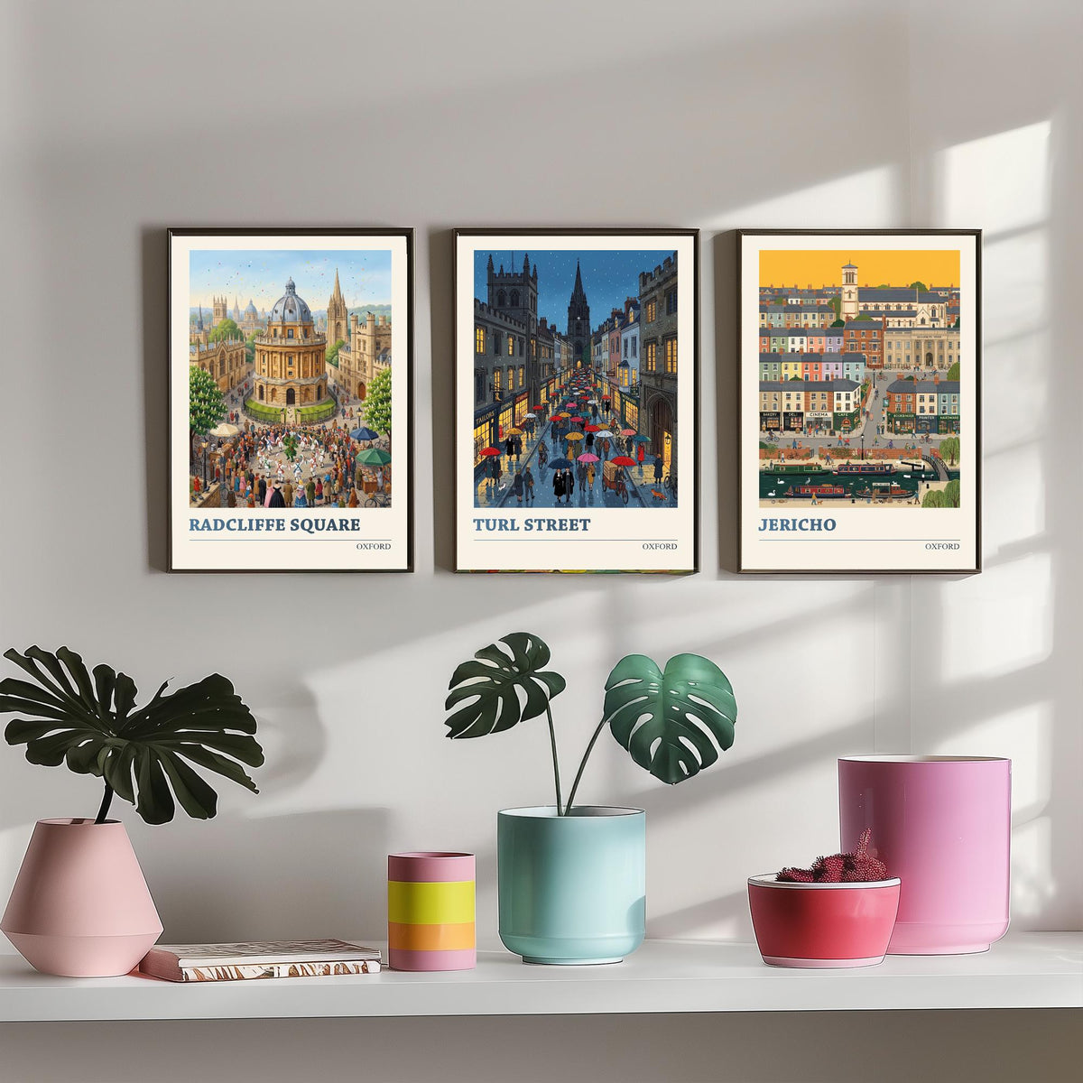 Oxford Set of Three Art Prints - Radcliffe Square, Turl Street, Jericho - 3 Colourful Folk Illustration Travel Posters - Oxford Painting