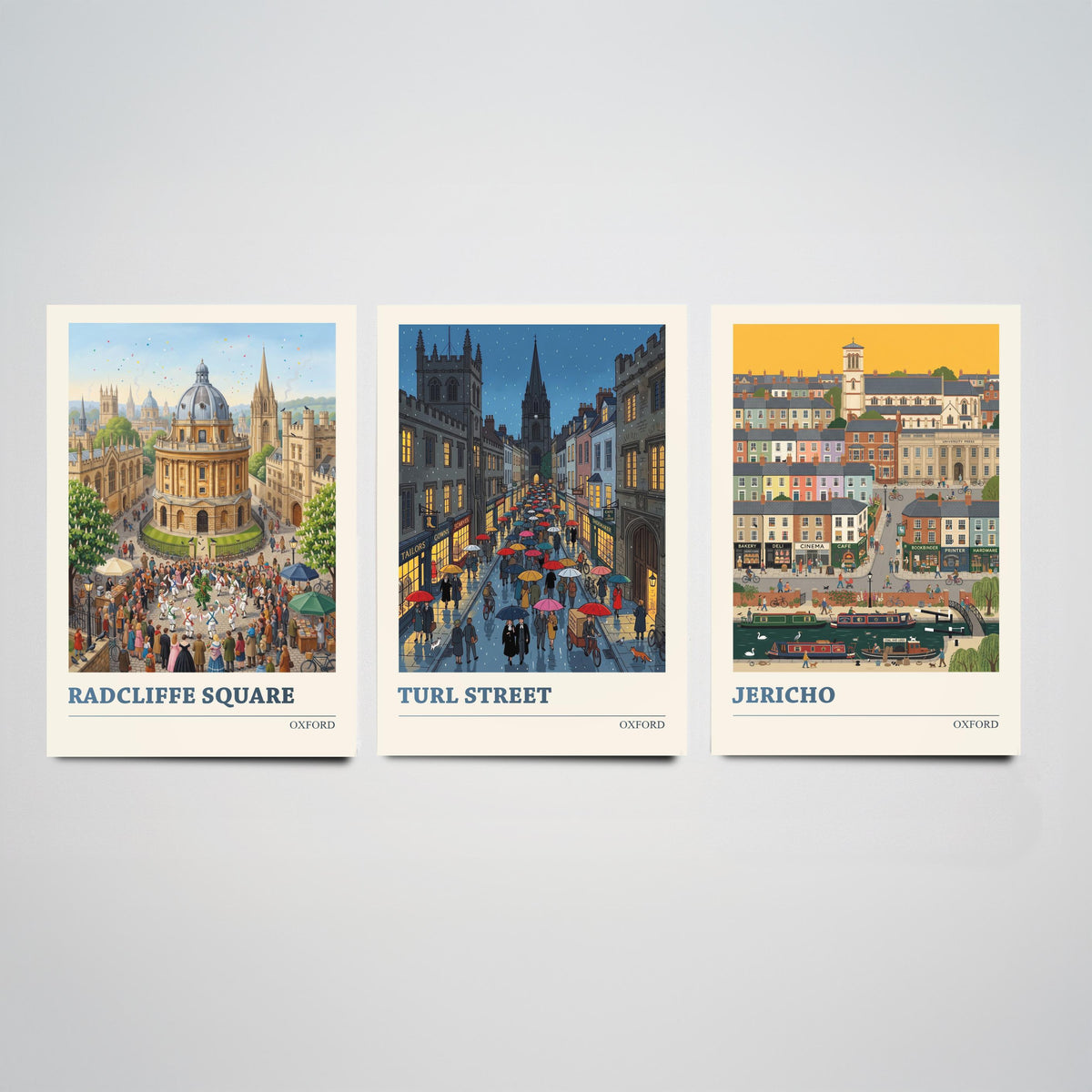 Oxford Set of Three Art Prints - Radcliffe Square, Turl Street, Jericho - 3 Colourful Folk Illustration Travel Posters - Oxford Painting