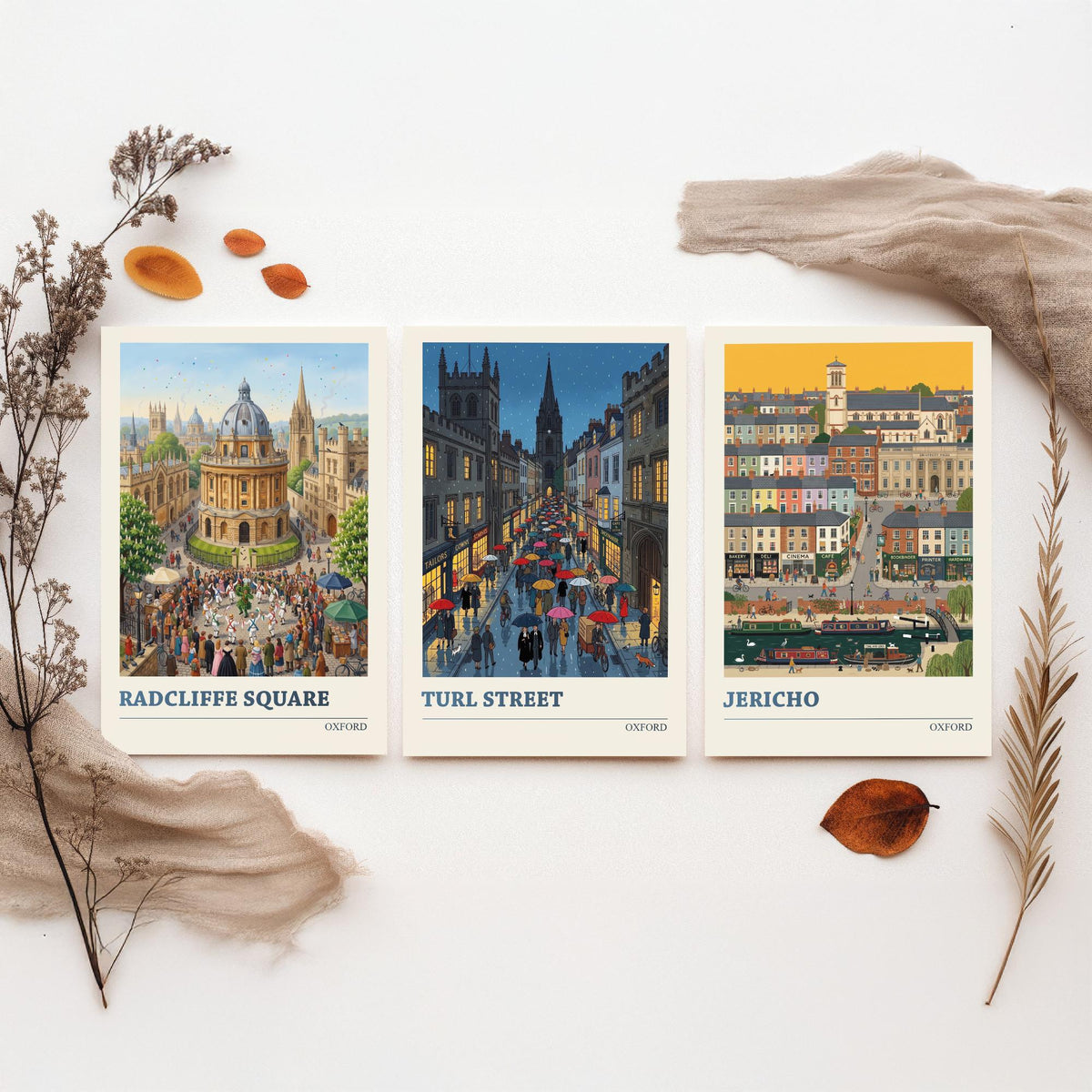 Oxford Set of Three Art Prints - Radcliffe Square, Turl Street, Jericho - 3 Colourful Folk Illustration Travel Posters - Oxford Painting