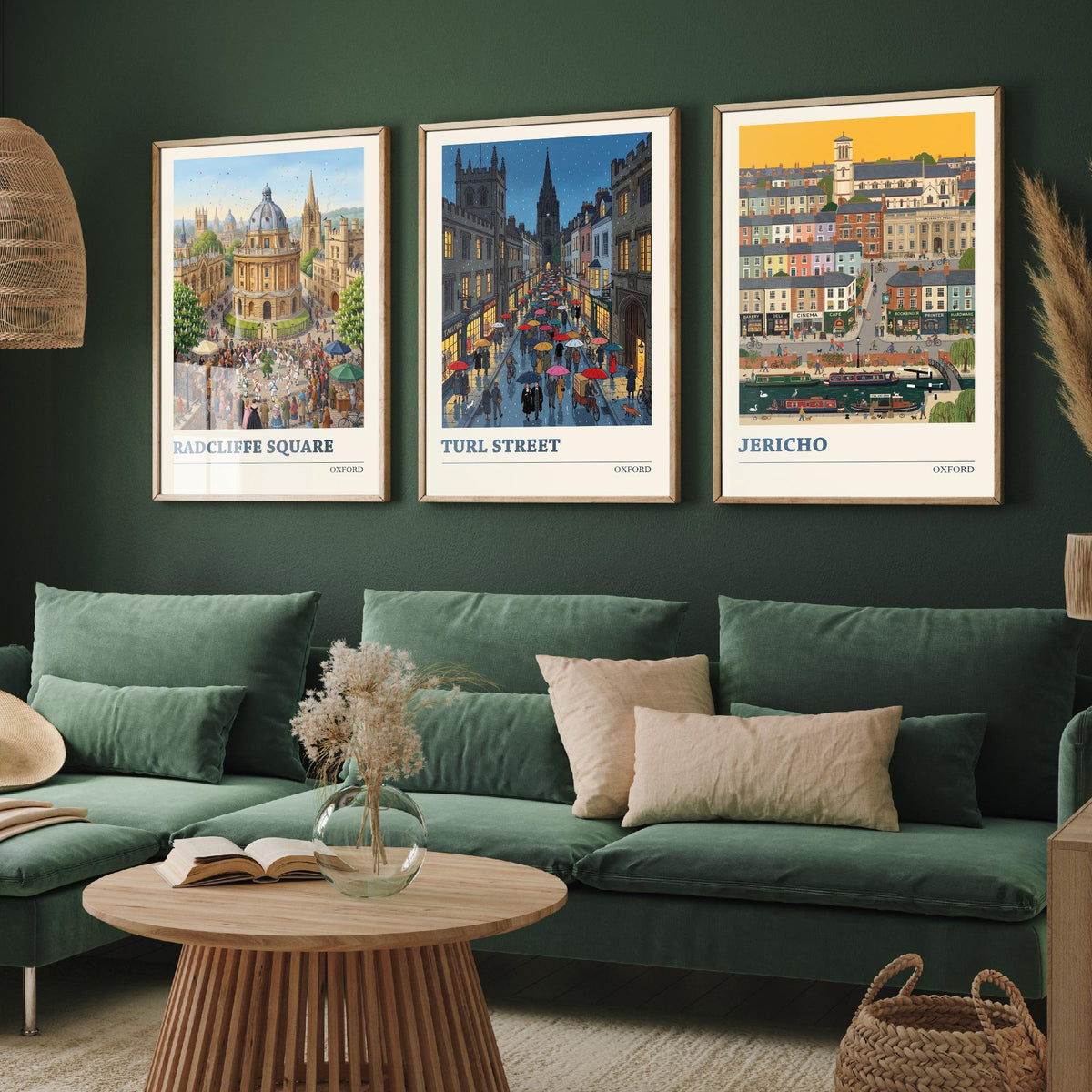Oxford Set of Three Art Prints - Radcliffe Square, Turl Street, Jericho - 3 Colourful Folk Illustration Travel Posters - Oxford Painting