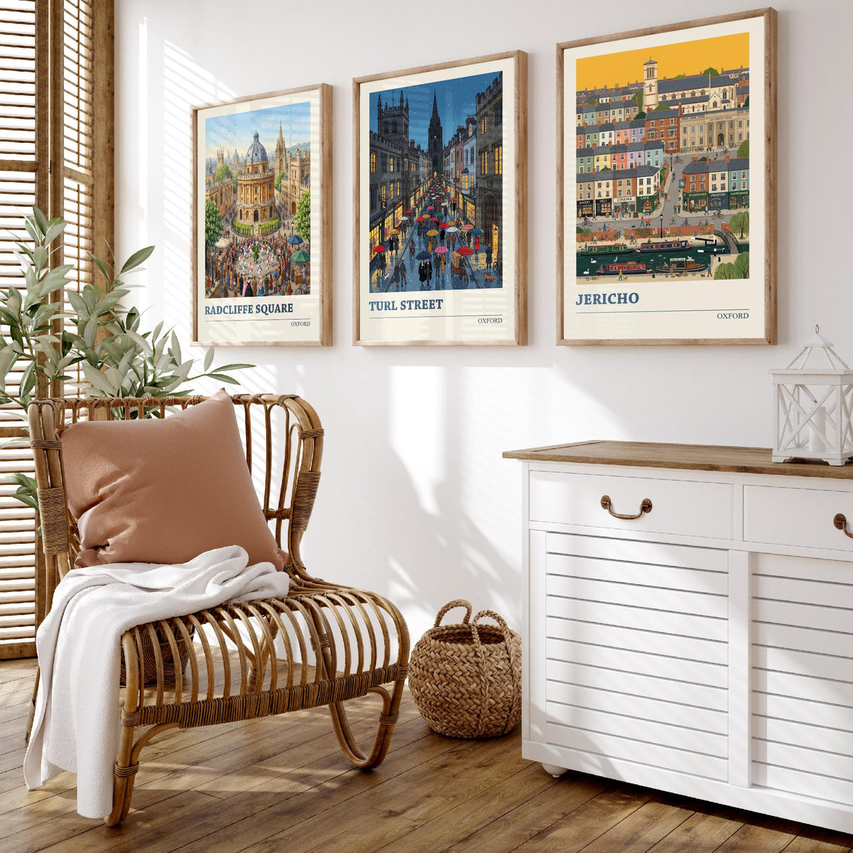 Oxford Set of Three Art Prints - Radcliffe Square, Turl Street, Jericho - 3 Colourful Folk Illustration Travel Posters - Oxford Painting