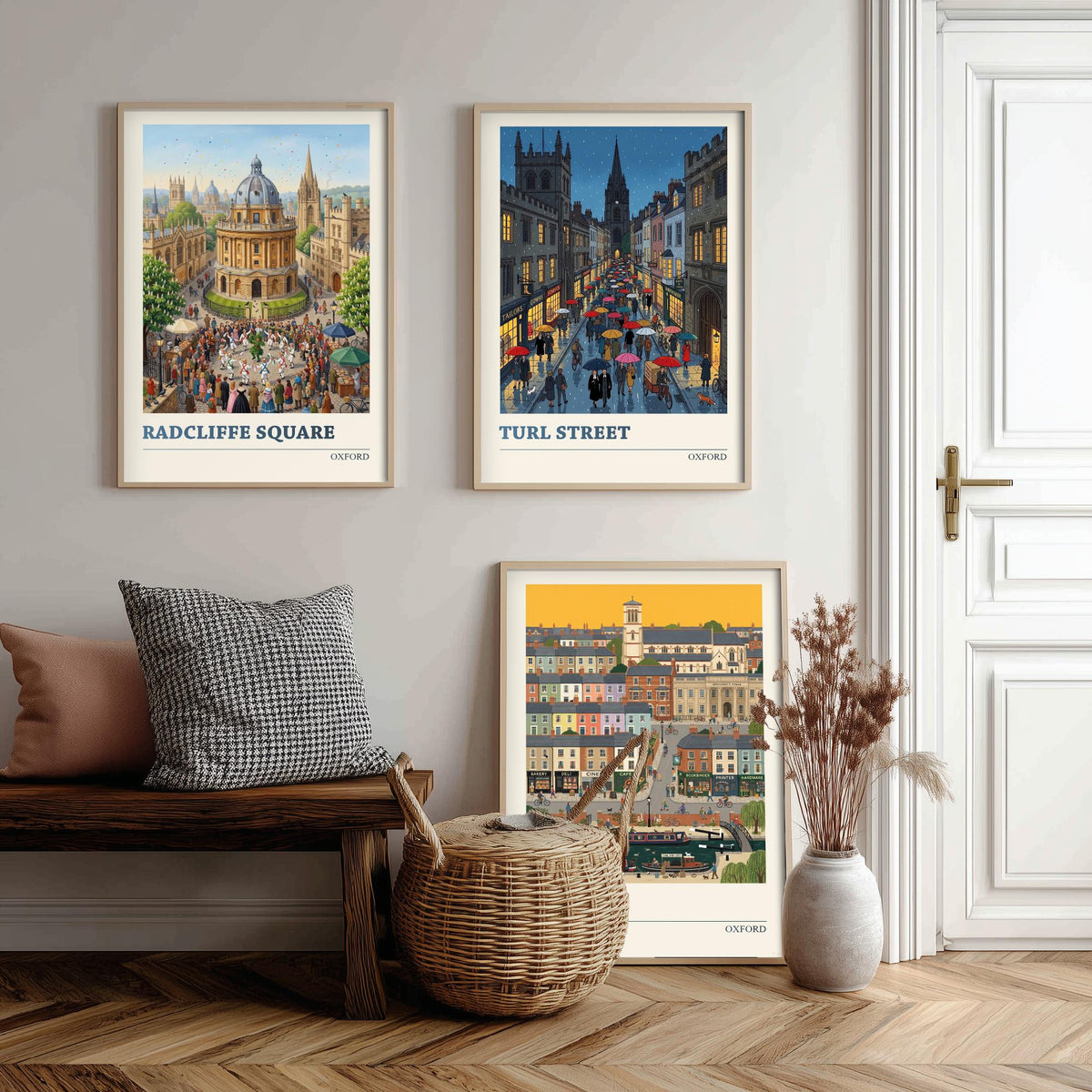 Oxford Set of Three Art Prints - Radcliffe Square, Turl Street, Jericho - 3 Colourful Folk Illustration Travel Posters - Oxford Painting