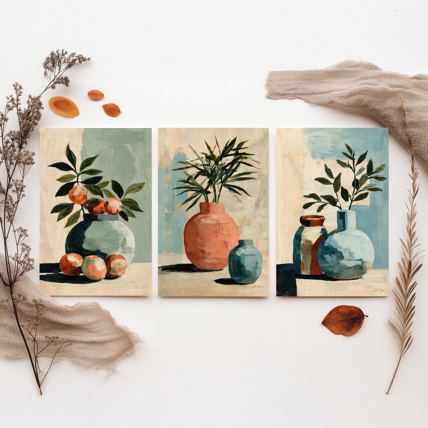 Painterly Ceramic Vases Set of Three Art Prints - Boho Still Life Wall Art - Neutral Botanical Poster Painting Gift Decor