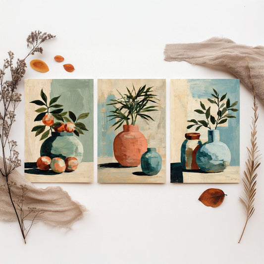 Painterly Ceramic Vases Set of Three Art Prints - Boho Still Life Wall Art - Neutral Botanical Poster Painting Gift Decor
