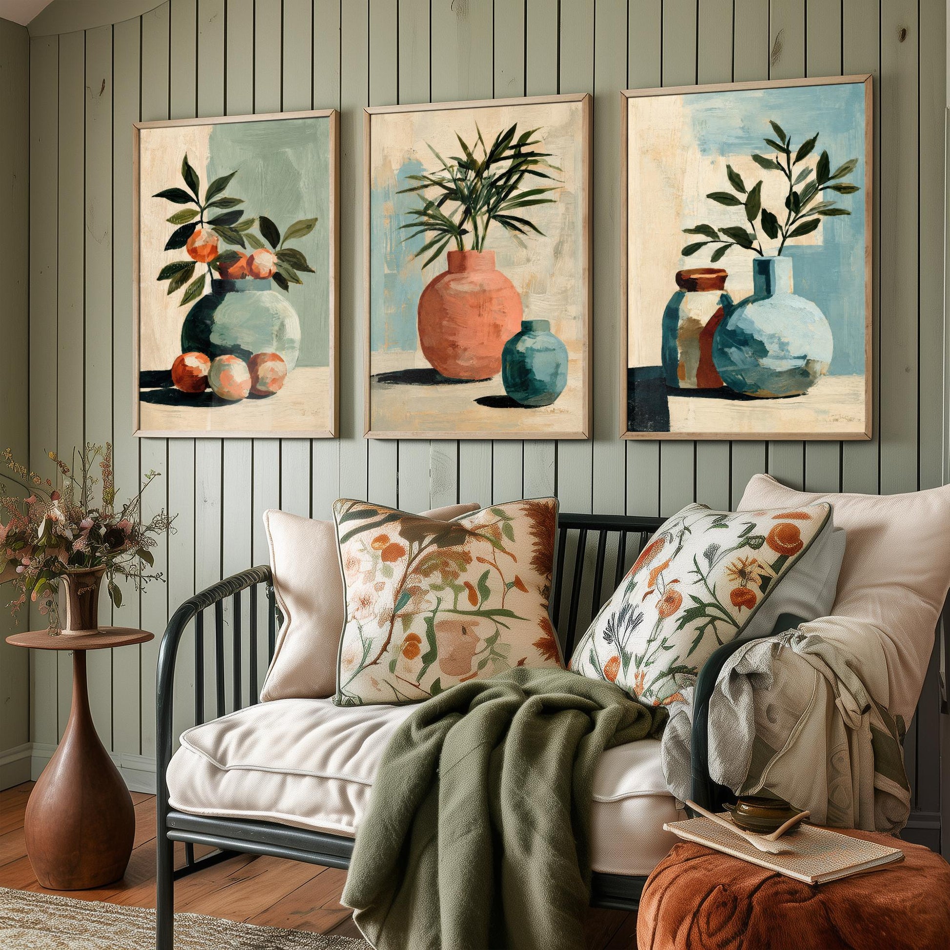 Painterly Ceramic Vases Set of Three Art Prints - Boho Still Life Wall Art - Neutral Botanical Poster Painting Gift Decor
