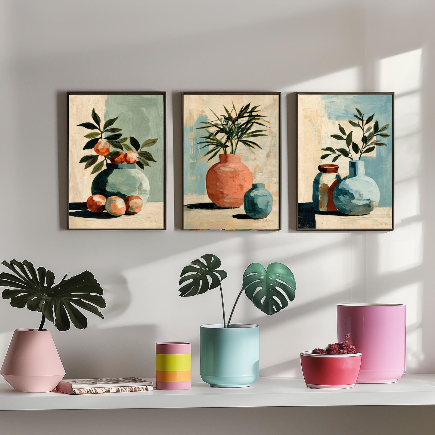 Painterly Ceramic Vases Set of Three Art Prints - Boho Still Life Wall Art - Neutral Botanical Poster Painting Gift Decor