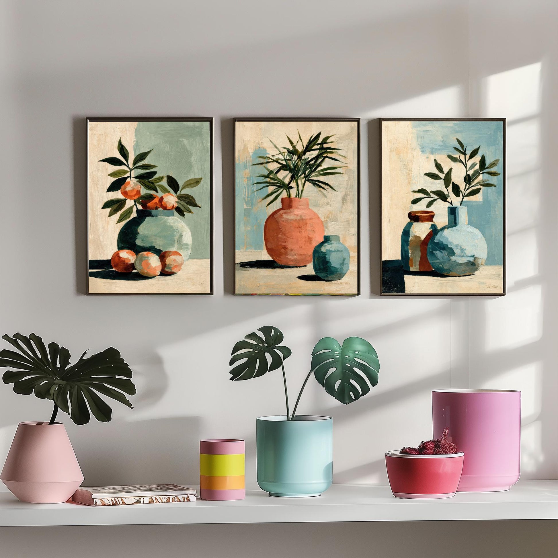 Painterly Ceramic Vases Set of Three Art Prints - Boho Still Life Wall Art - Neutral Botanical Poster Painting Gift Decor