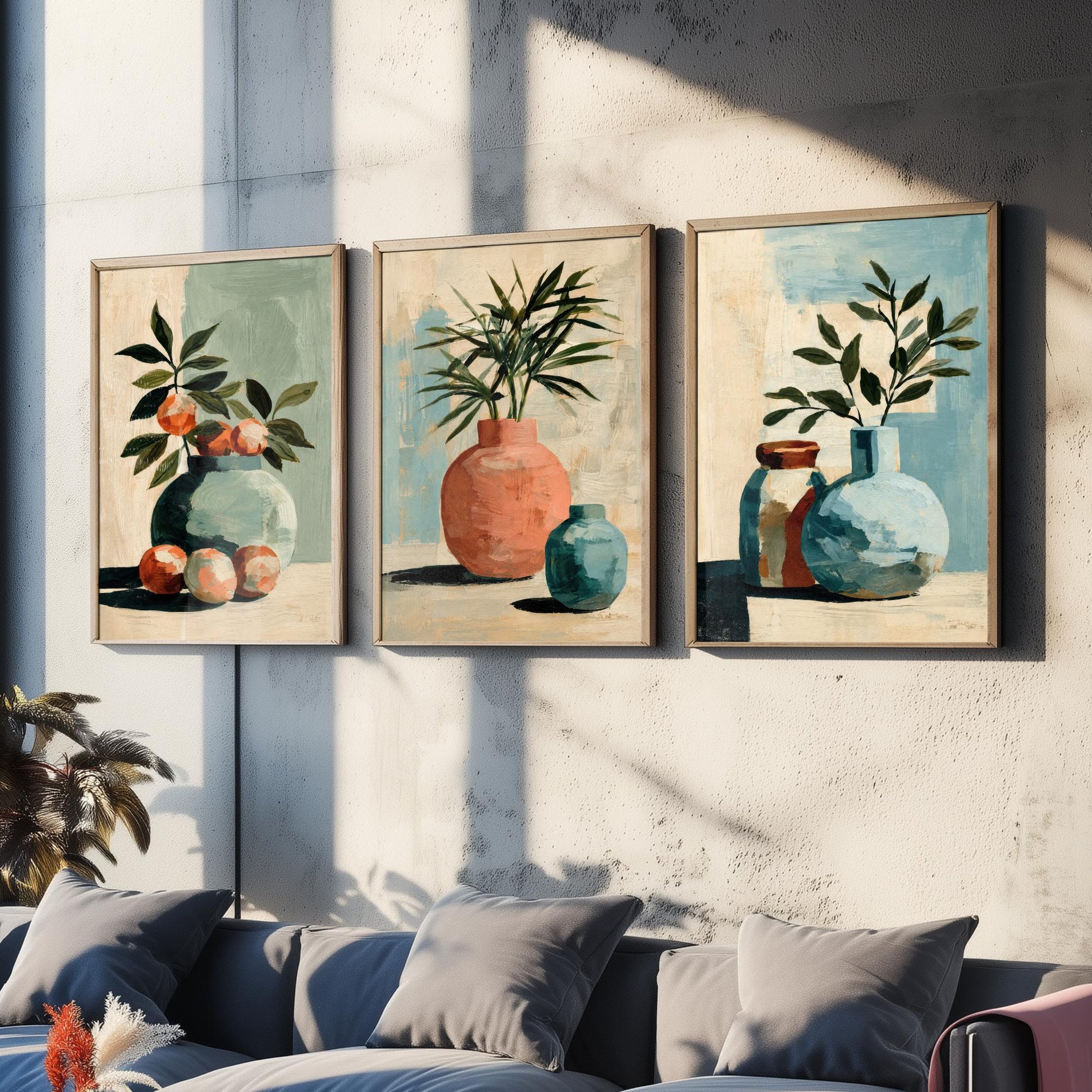 Painterly Ceramic Vases Set of Three Art Prints - Boho Still Life Wall Art - Neutral Botanical Poster Painting Gift Decor