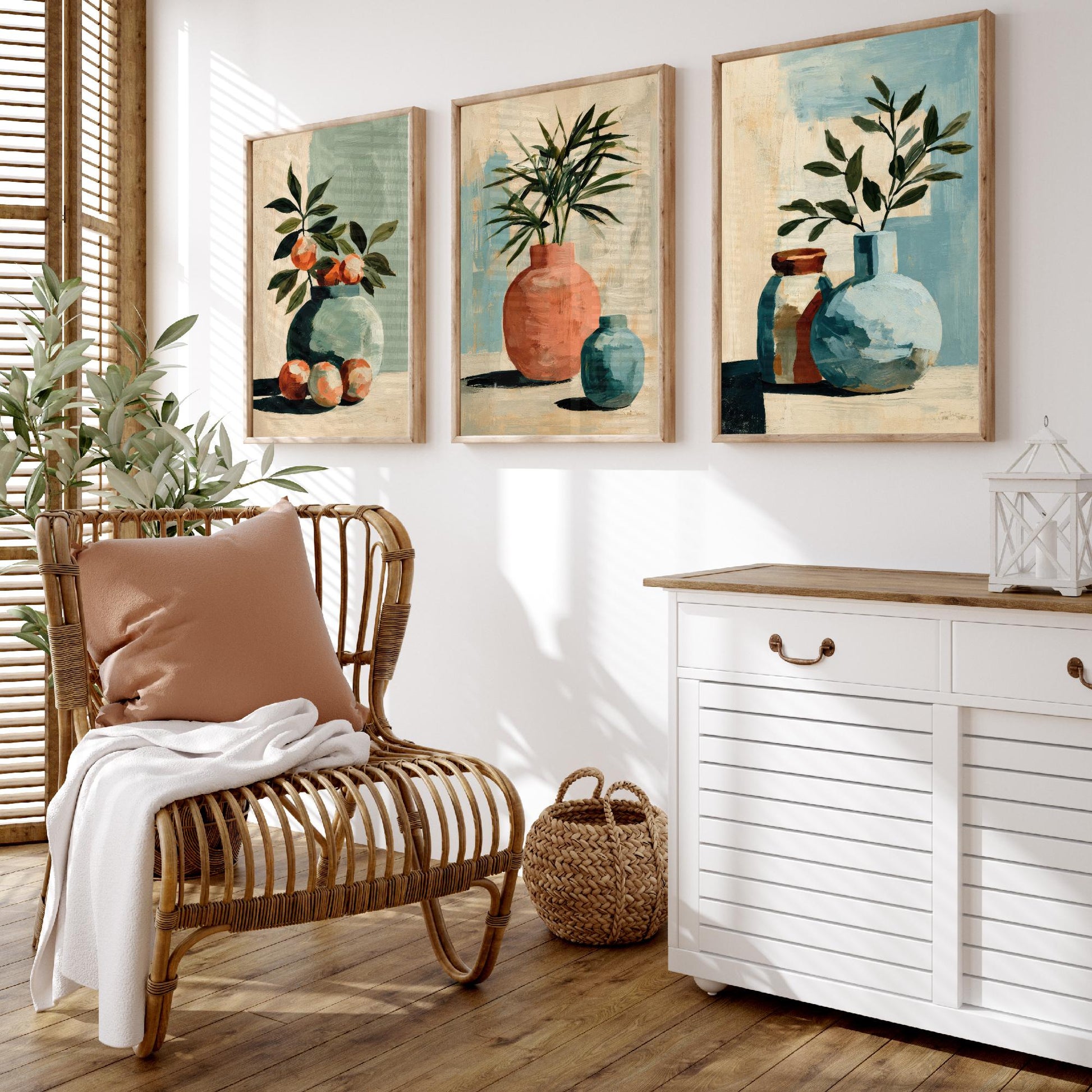 Painterly Ceramic Vases Set of Three Art Prints - Boho Still Life Wall Art - Neutral Botanical Poster Painting Gift Decor