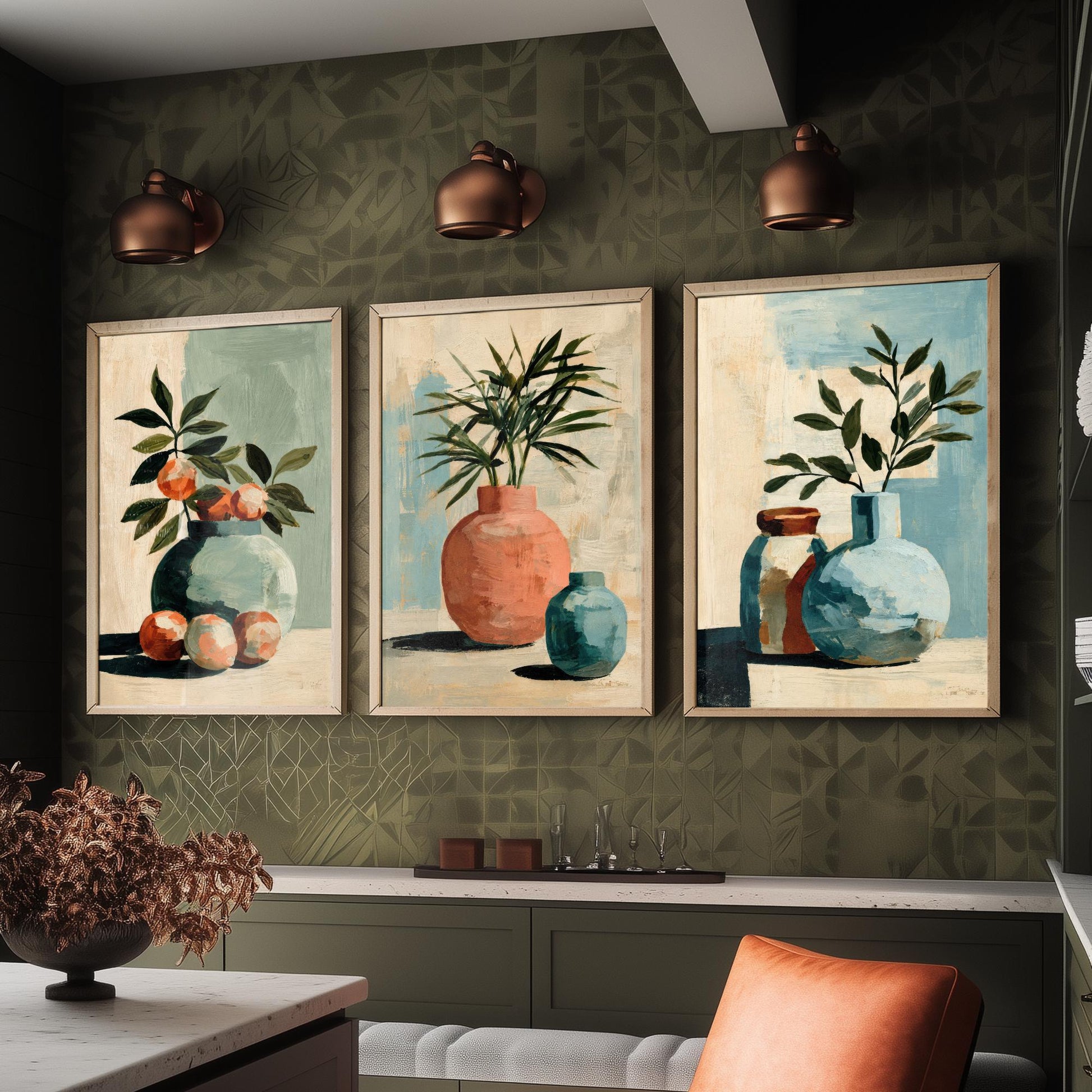Painterly Ceramic Vases Set of Three Art Prints - Boho Still Life Wall Art - Neutral Botanical Poster Painting Gift Decor