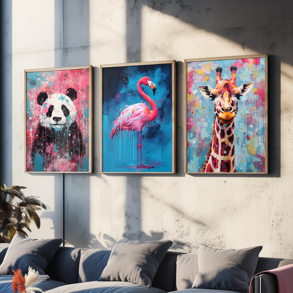 Panda, Flamingo and Giraffe Set of Three Art Prints - Bold Colourful Brush Strokes - Abstract Animal Painting Poster