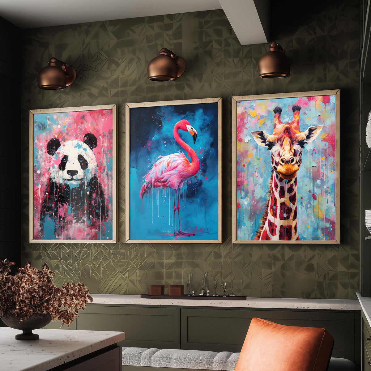 Panda, Flamingo and Giraffe Set of Three Art Prints - Bold Colourful Brush Strokes - Abstract Animal Painting Poster