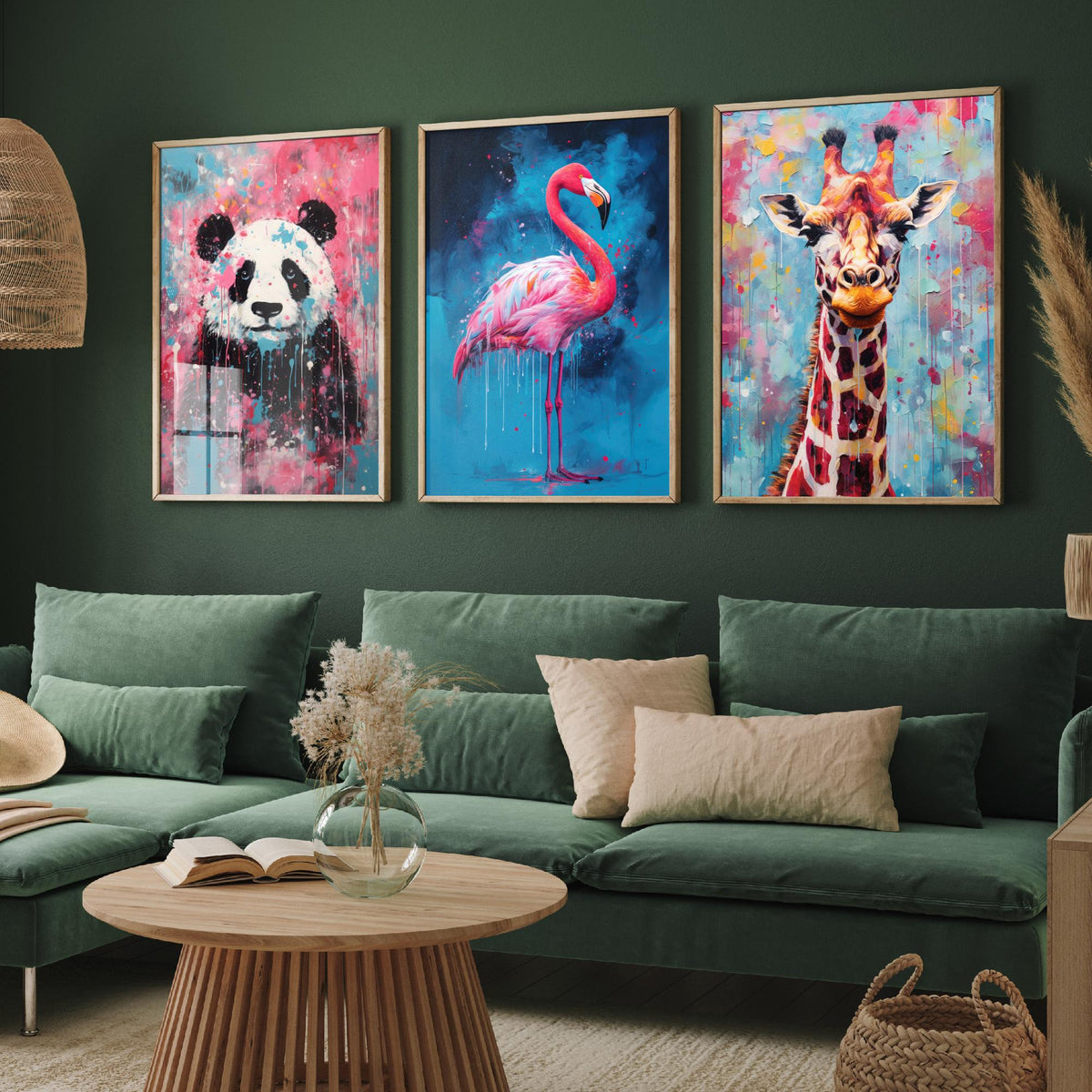 Panda, Flamingo and Giraffe Set of Three Art Prints - Bold Colourful Brush Strokes - Abstract Animal Painting Poster