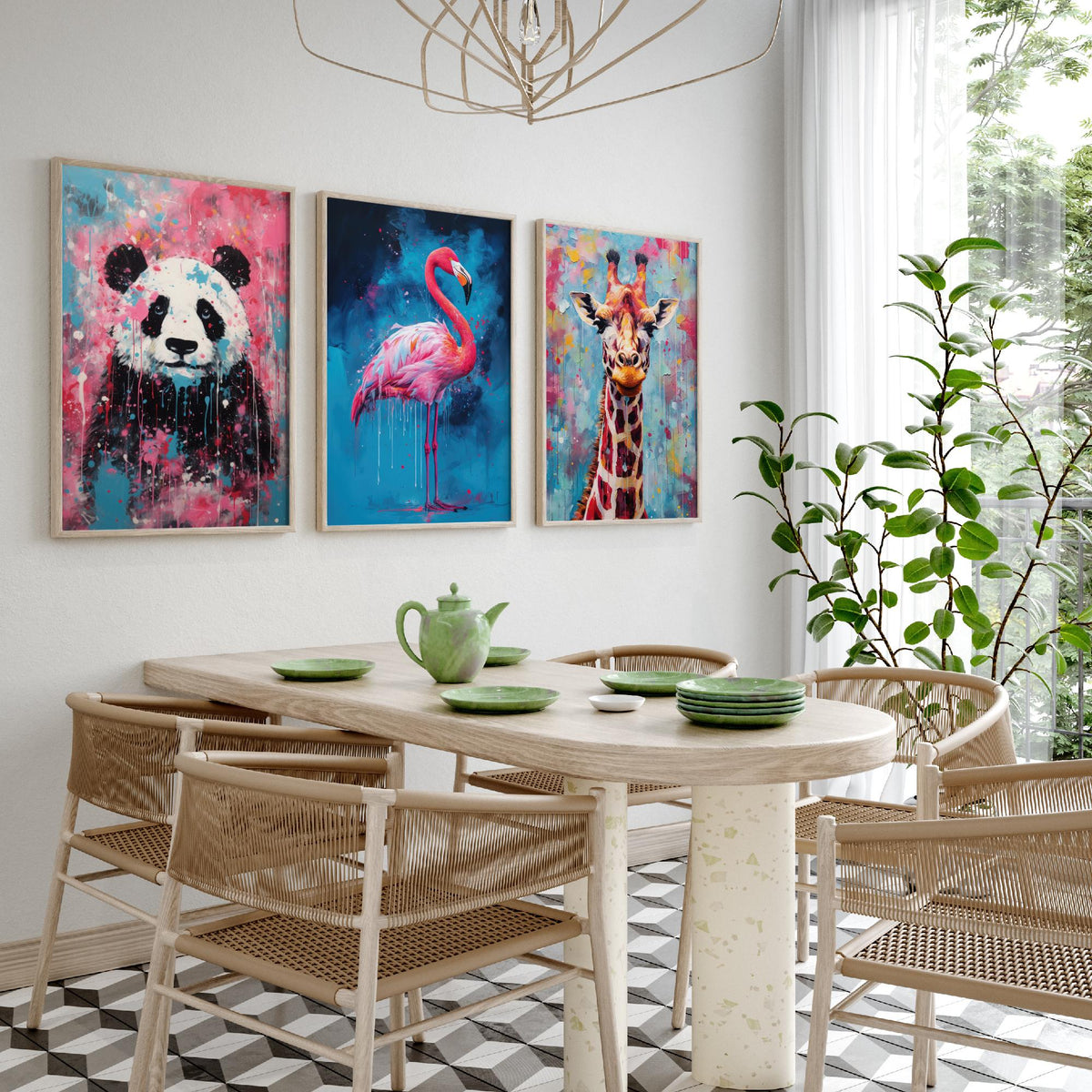 Panda, Flamingo and Giraffe Set of Three Art Prints - Bold Colourful Brush Strokes - Abstract Animal Painting Poster