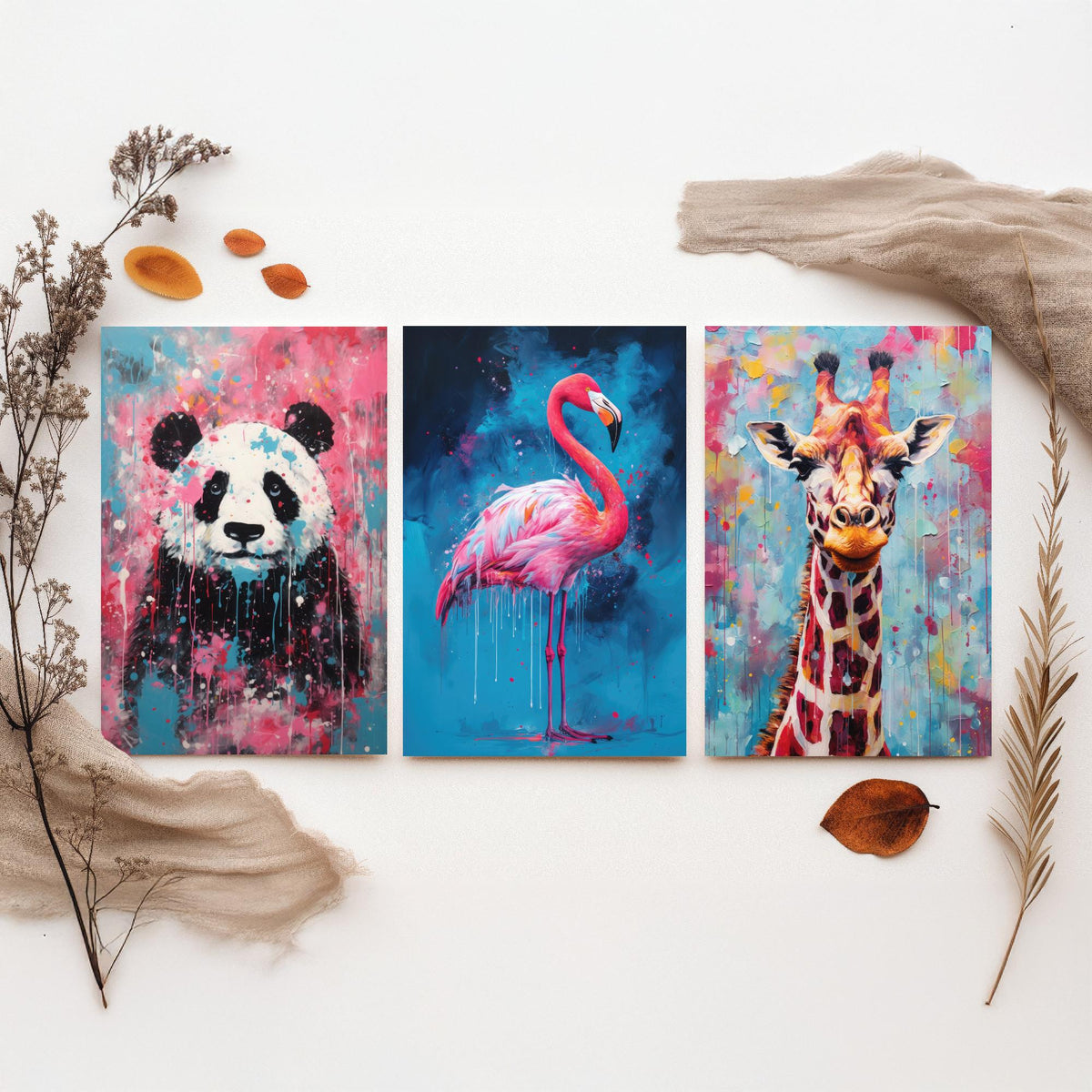 Panda, Flamingo and Giraffe Set of Three Art Prints - Bold Colourful Brush Strokes - Abstract Animal Painting Poster