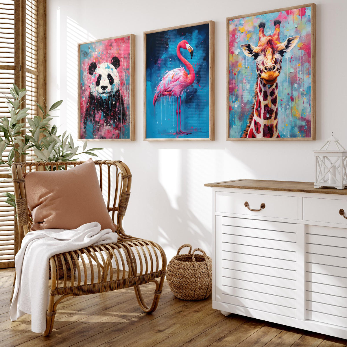 Panda, Flamingo and Giraffe Set of Three Art Prints - Bold Colourful Brush Strokes - Abstract Animal Painting Poster
