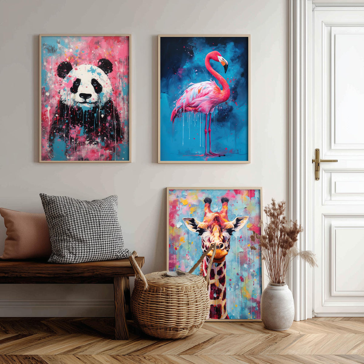 Panda, Flamingo and Giraffe Set of Three Art Prints - Bold Colourful Brush Strokes - Abstract Animal Painting Poster