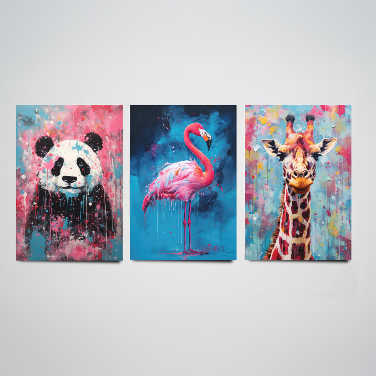 Panda, Flamingo and Giraffe Set of Three Art Prints - Bold Colourful Brush Strokes - Abstract Animal Painting Poster